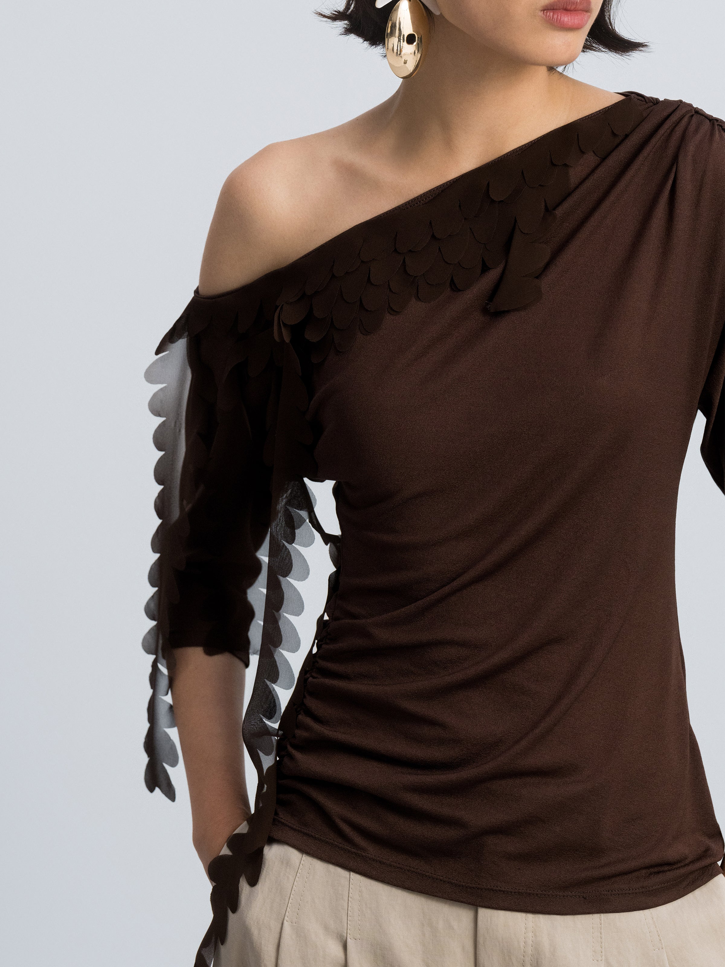 Brown Acetate Poly Knit One-Shoulder Ruching Elbow-Sleeve Top