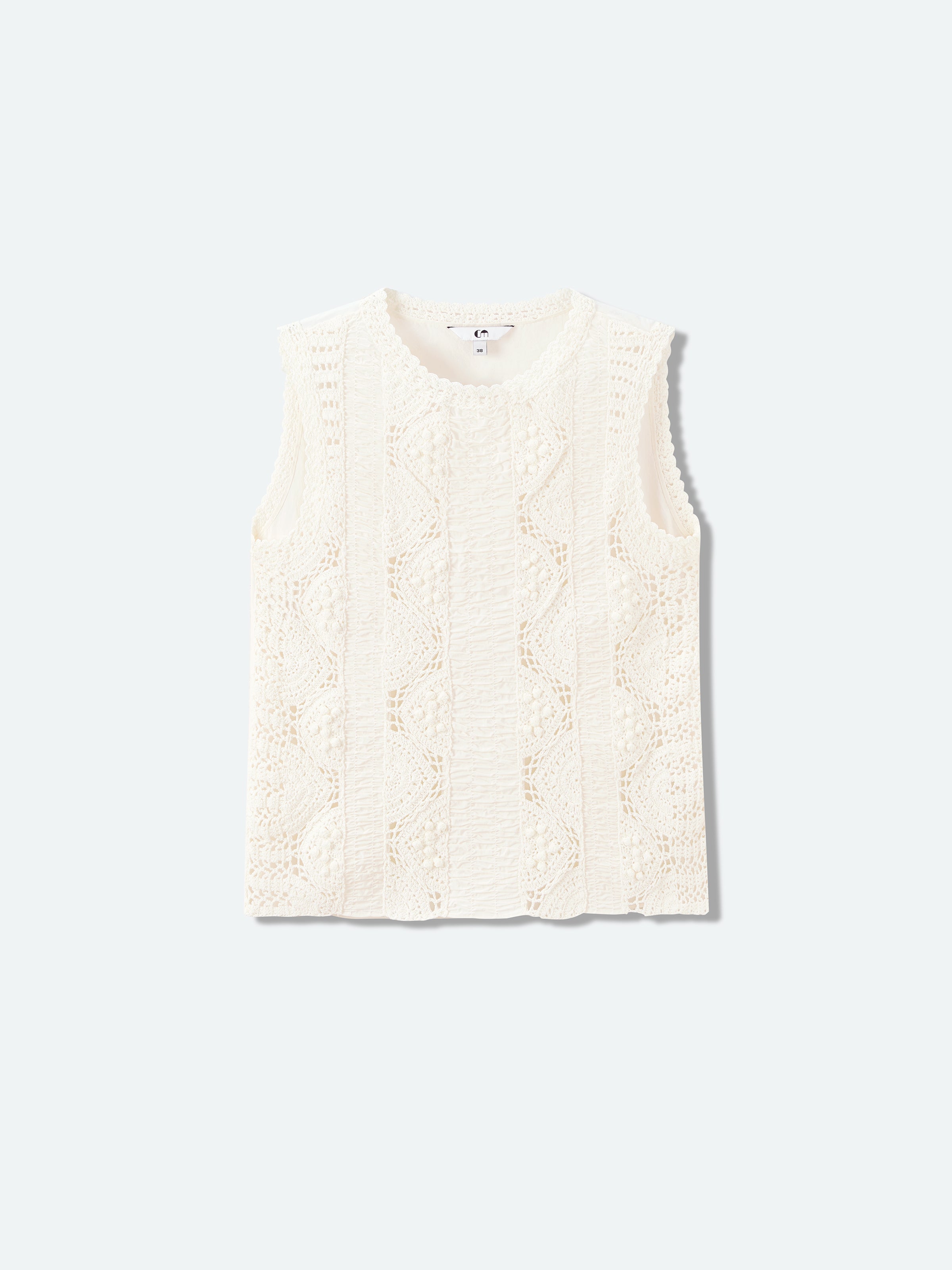 Cream White Pima Cotton Crocheted Flower Straight Sleeveless Top