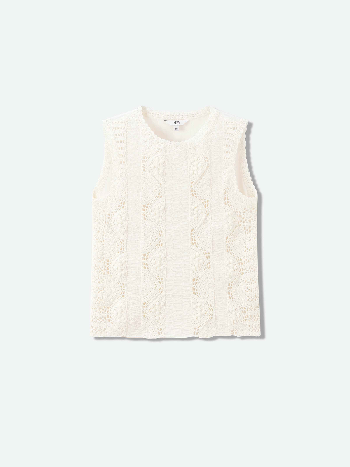 Cream White Pima Cotton Crocheted Flower Straight Sleeveless Top