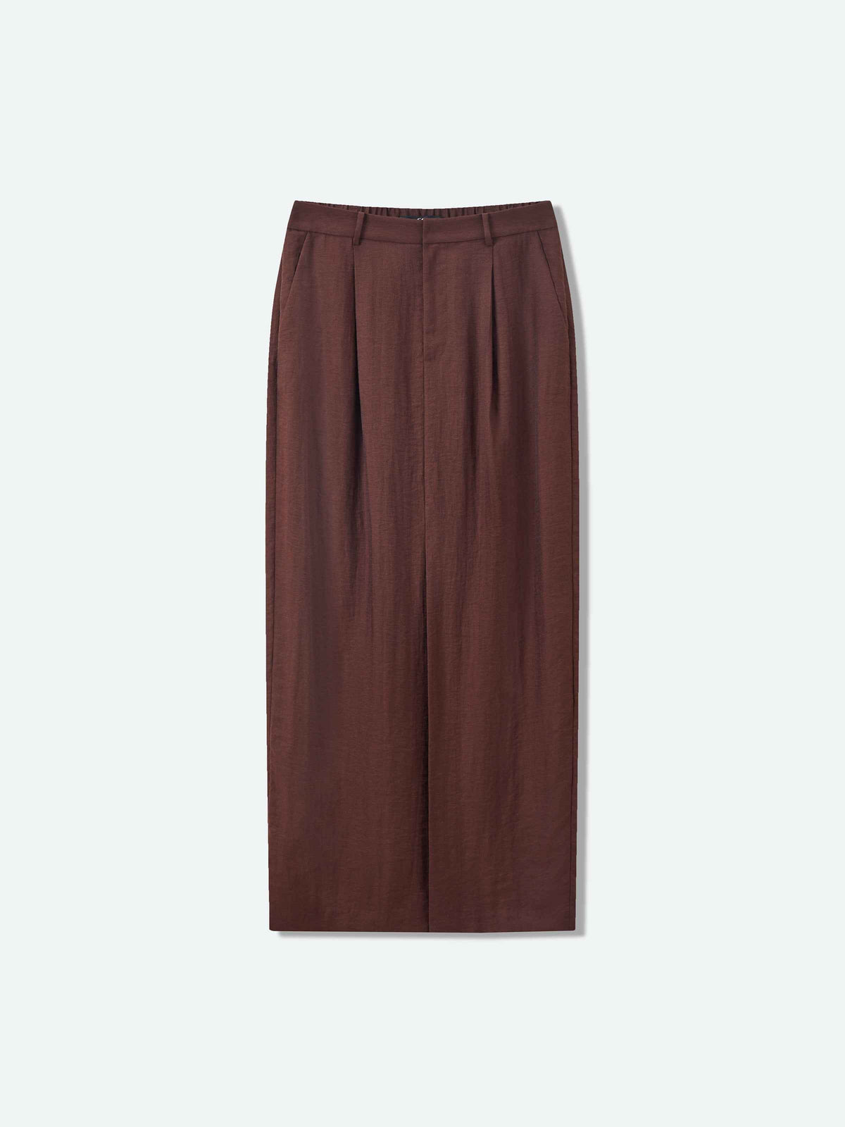 Coffee Brown Linen Blend Front Slit Elastic Long Skirt