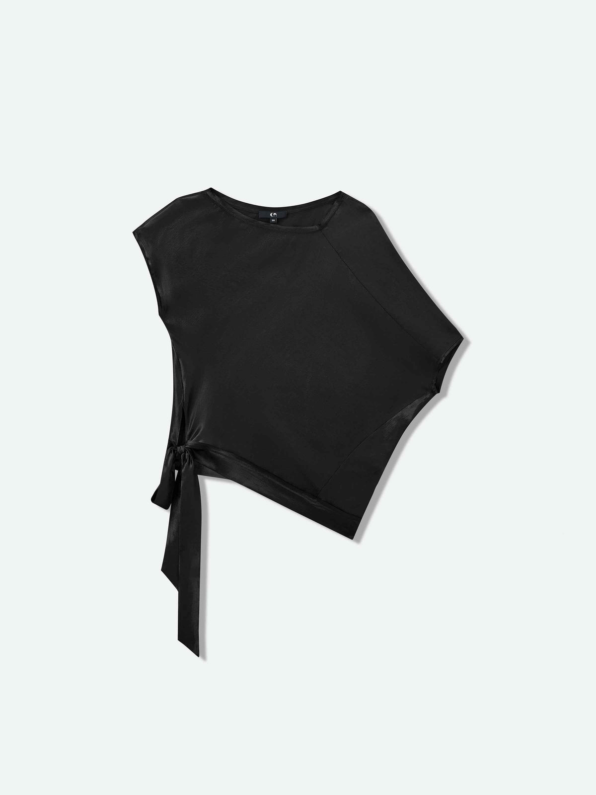 Black Shiny Silk Irregular Cocoon Asymmetric Sleeve Top