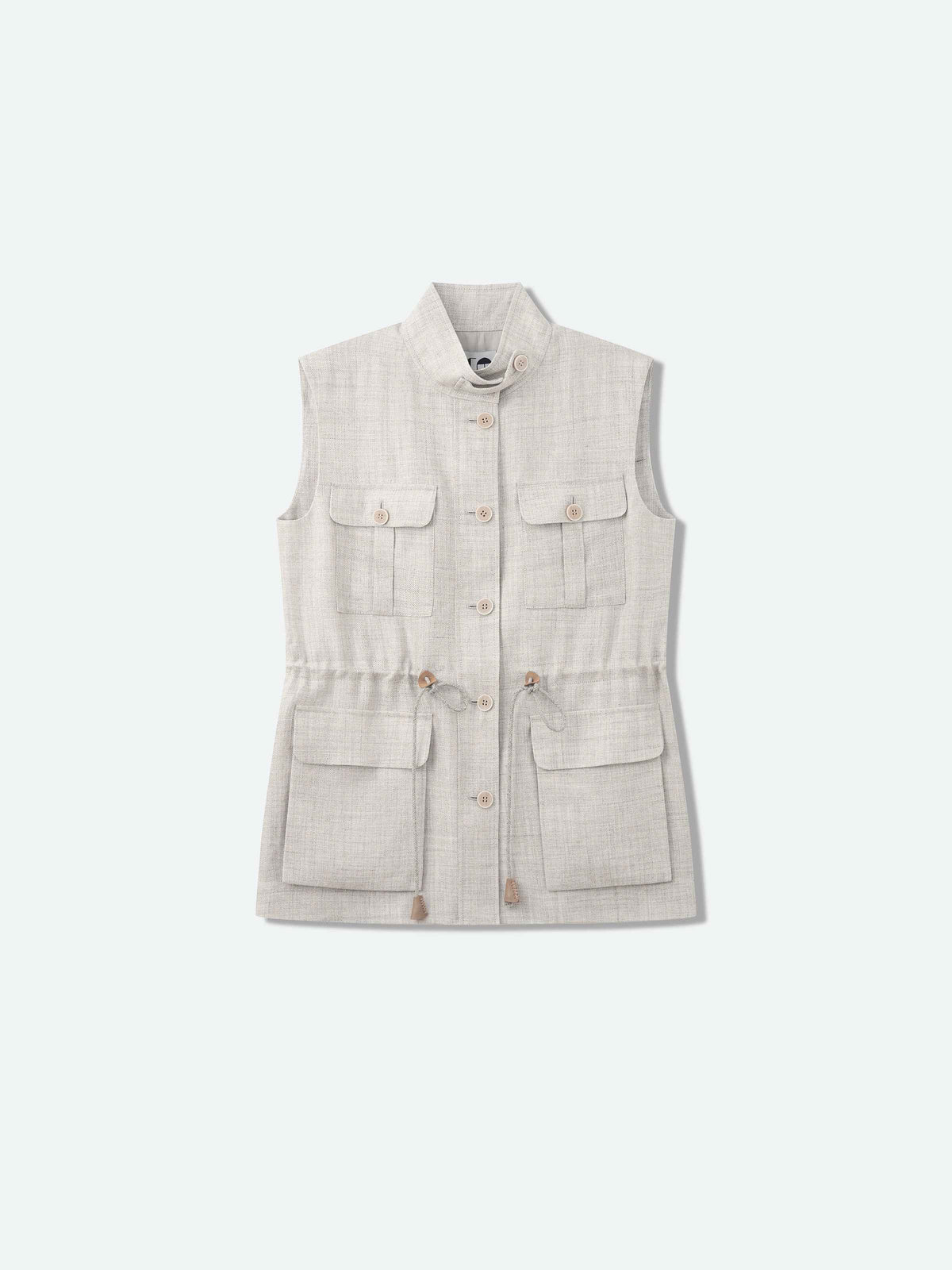 Light Gray Linen Viscose Stand Collar Midi Vest