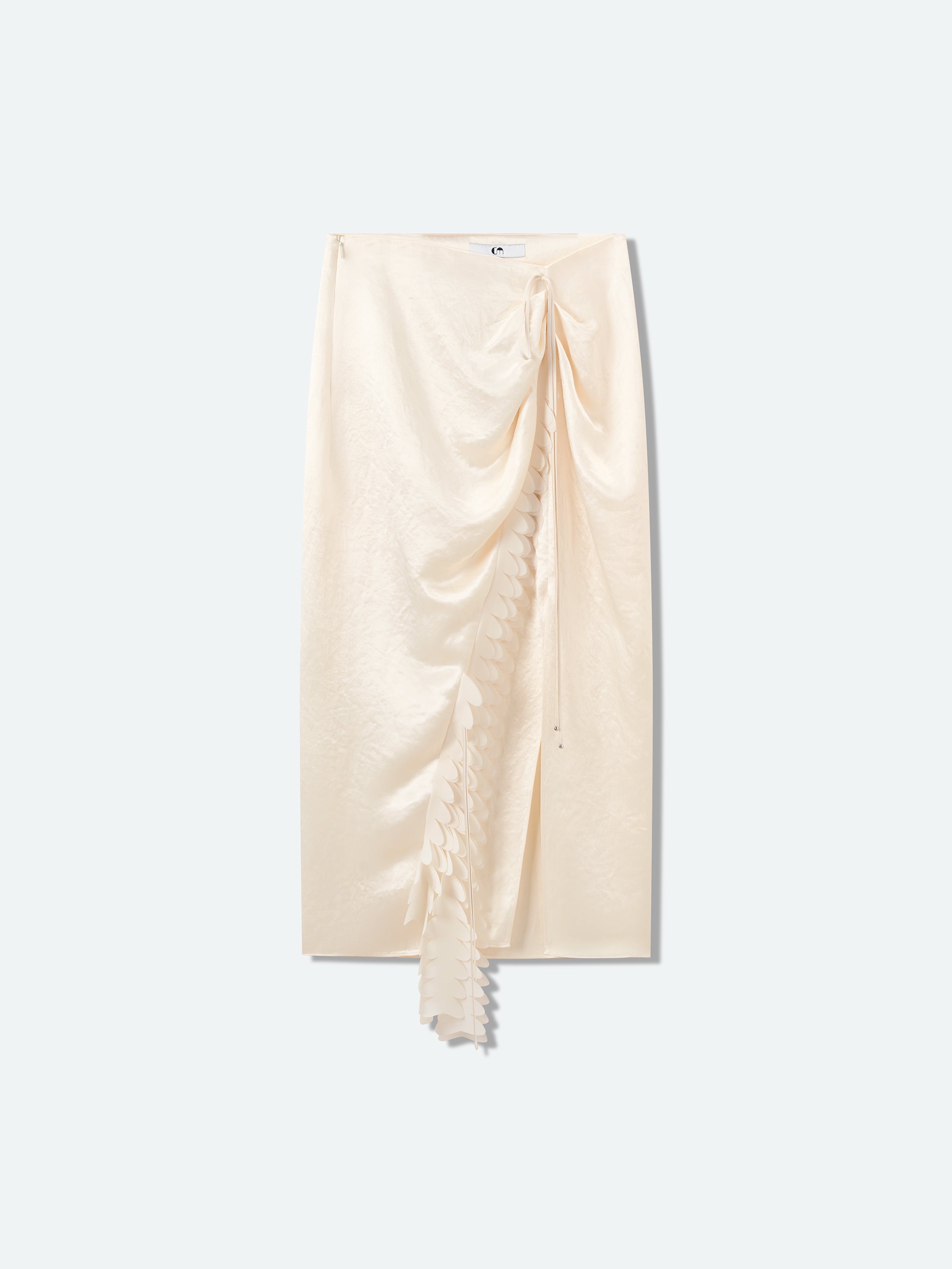 Cream White Acetate Ruched Waist Front Slit Midi Skirt