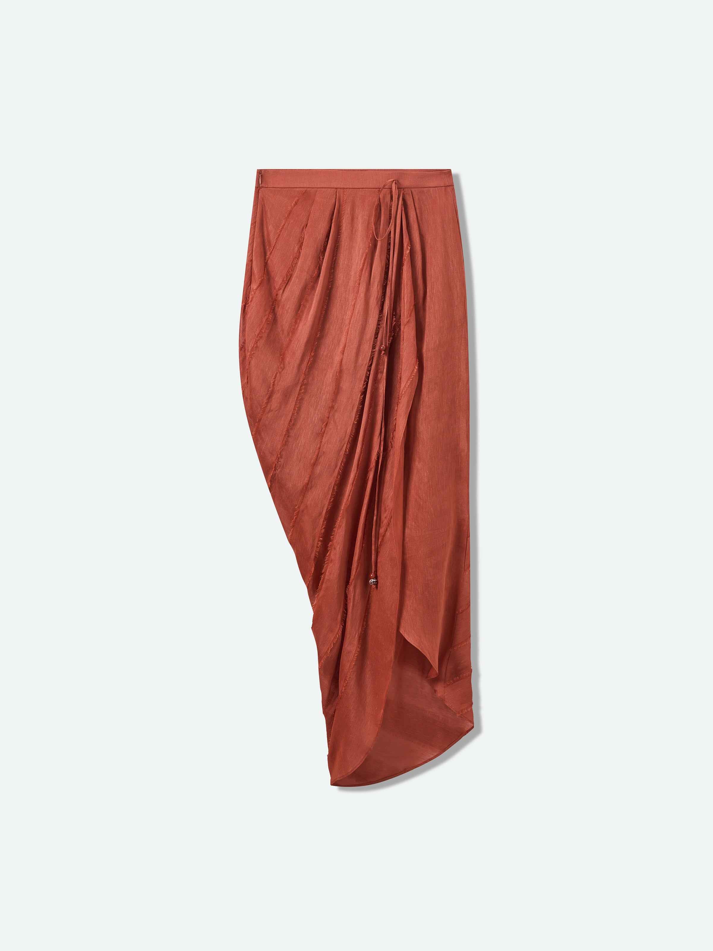 Dark Red Silk Linen Tassel Waist Irregular Cocoon Midi Skirt
