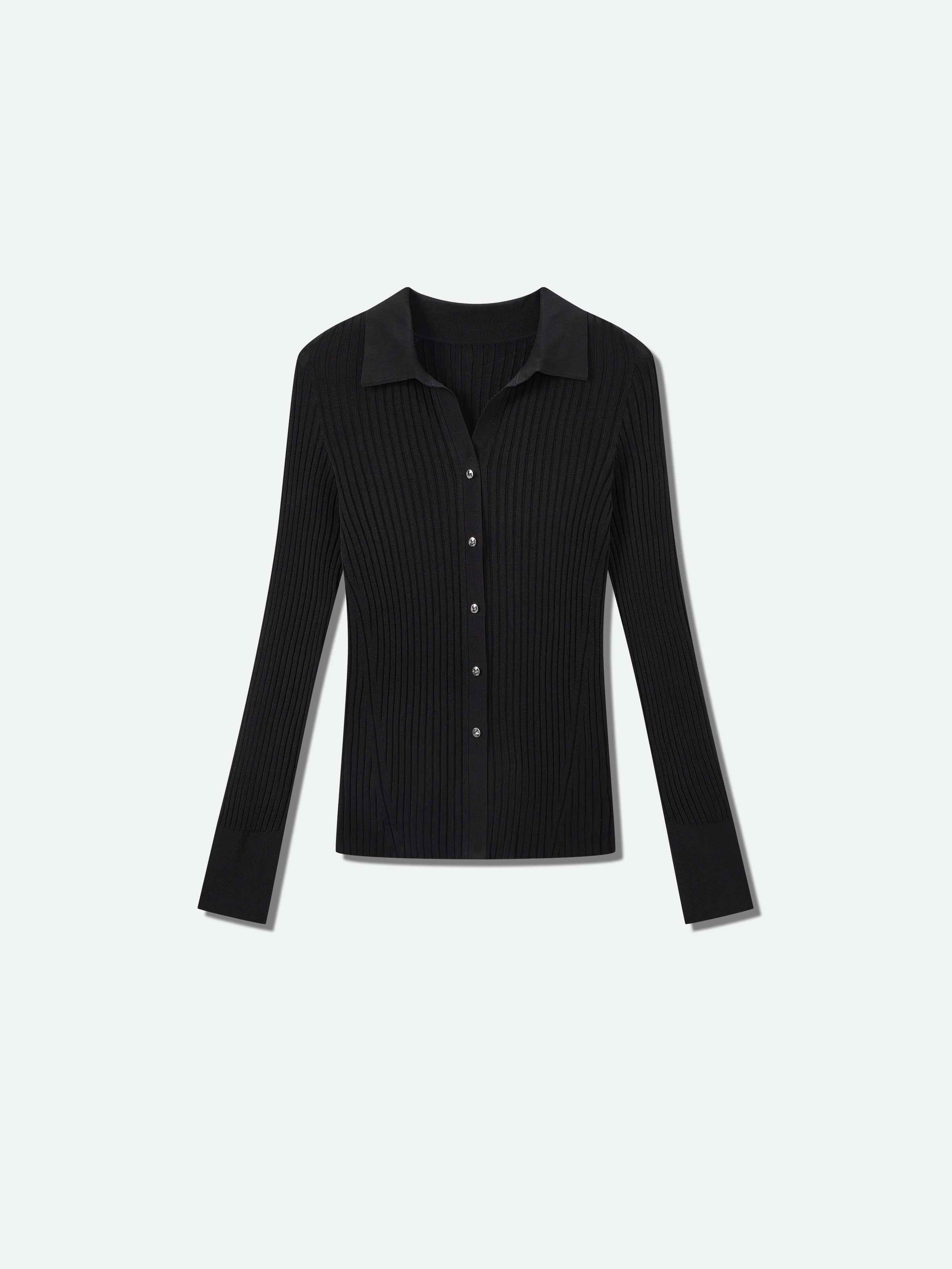 Black Viscose Blend Wide Rib Silver Snap Cardigan