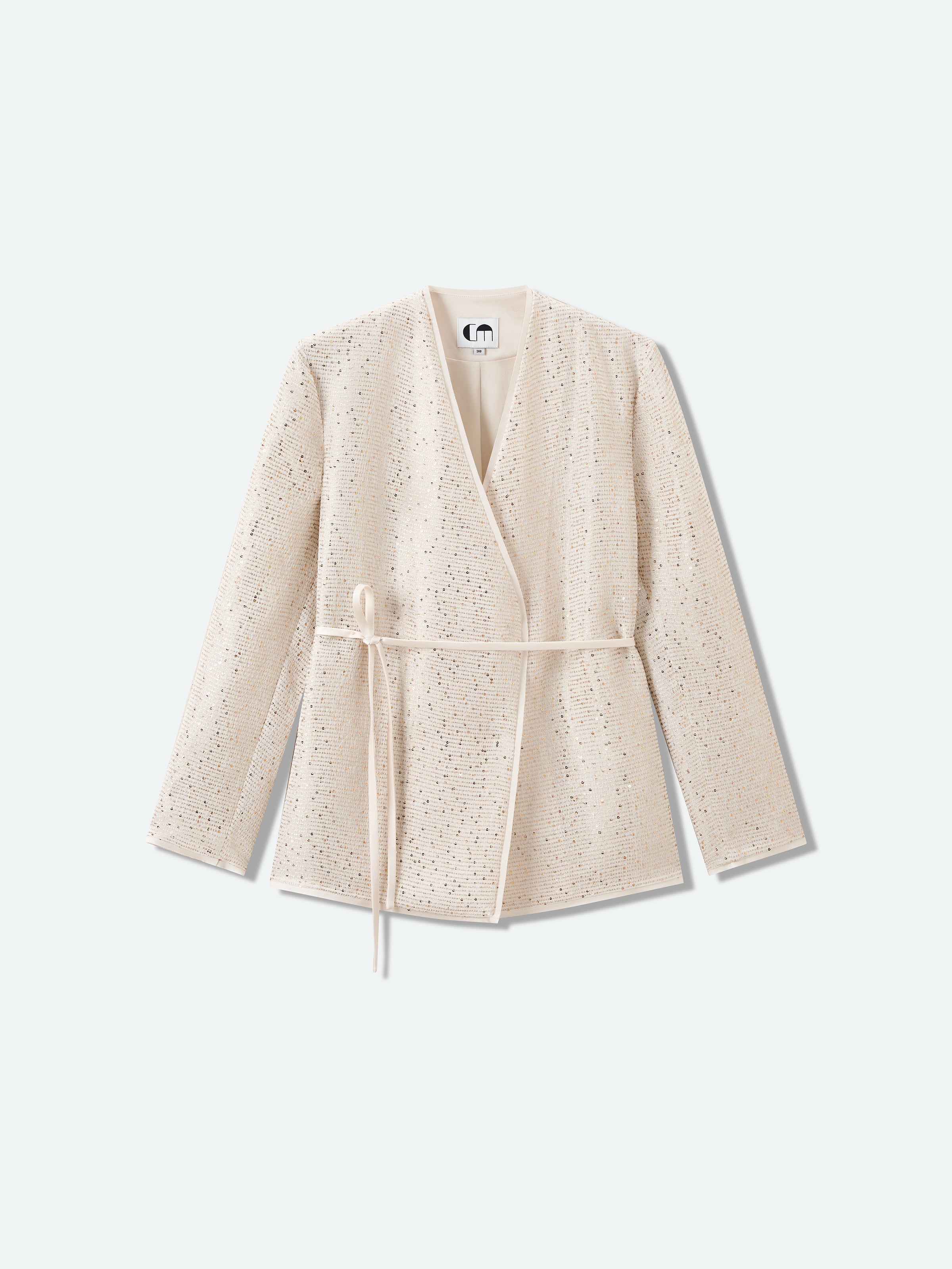 Beige Sequin Stripe V-Neck Satin Belt Blazer