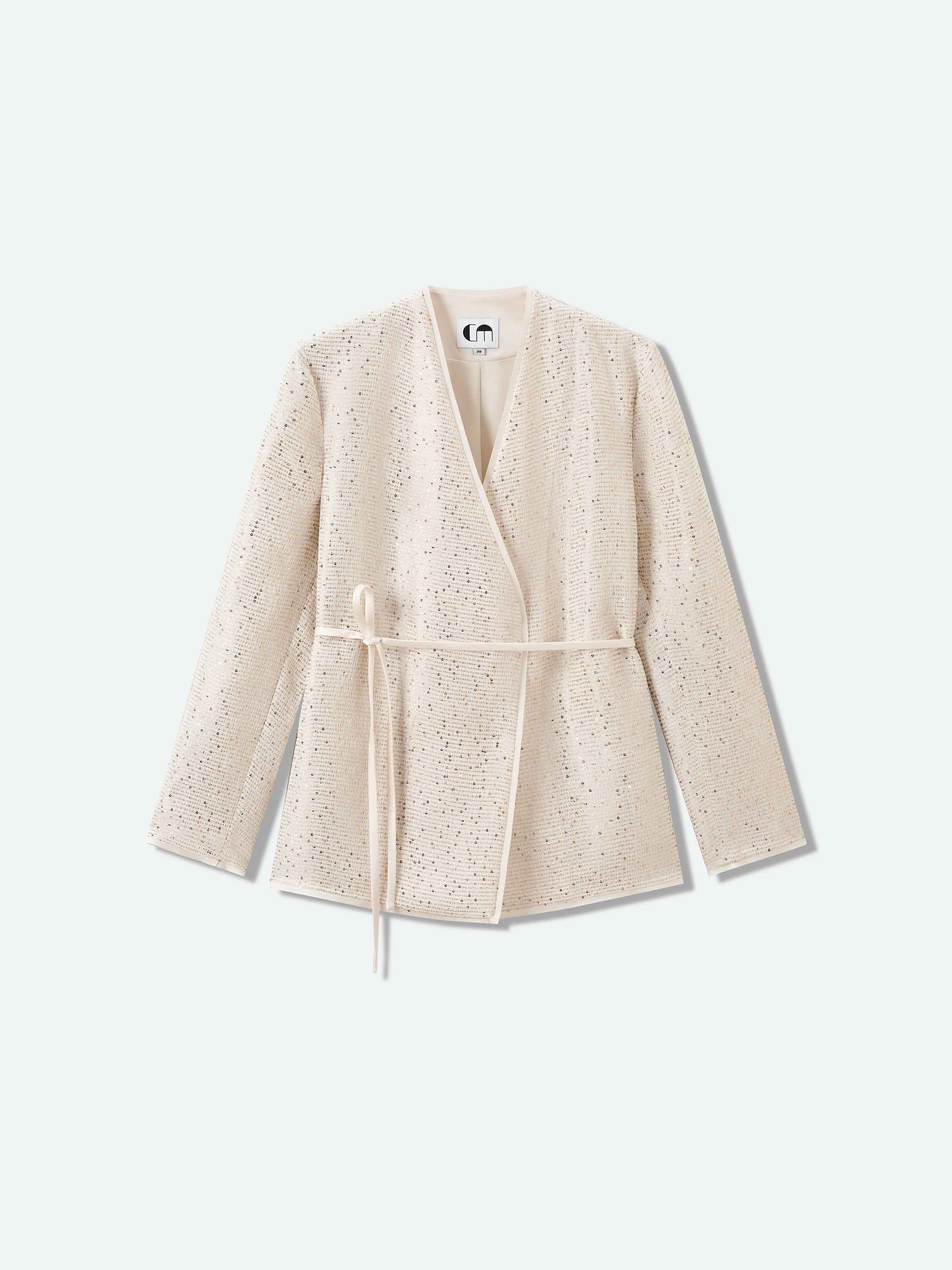 Beige Sequin Stripe V-Neck Satin Belt Blazer