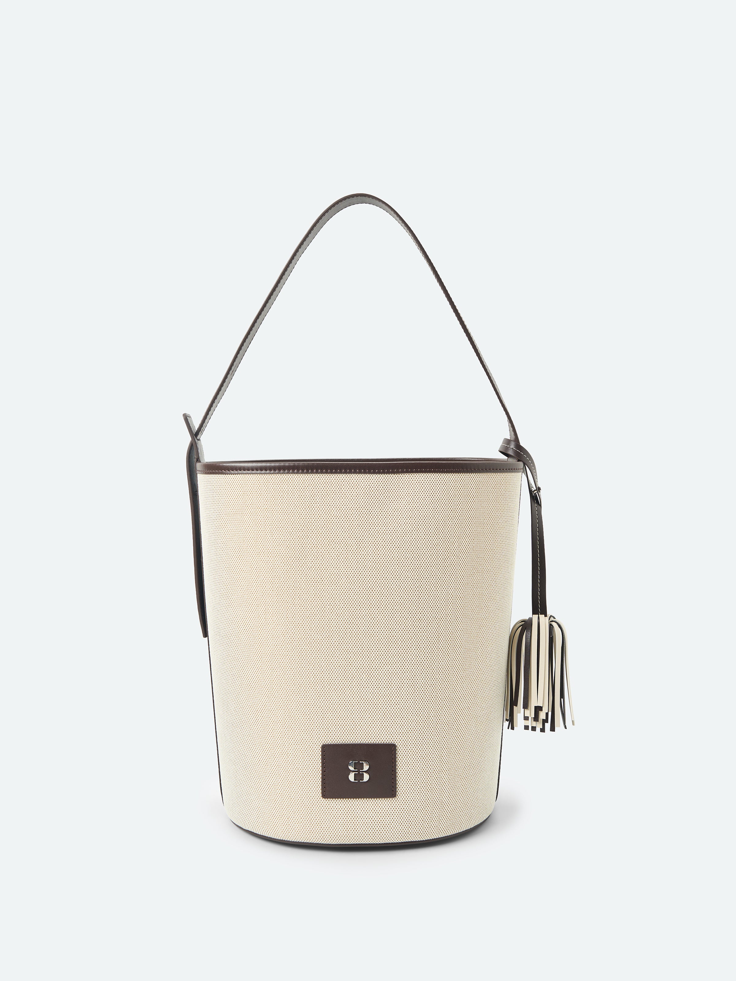 Beige Woven Canvas Leather Splice Cylindrical Bucket Bag