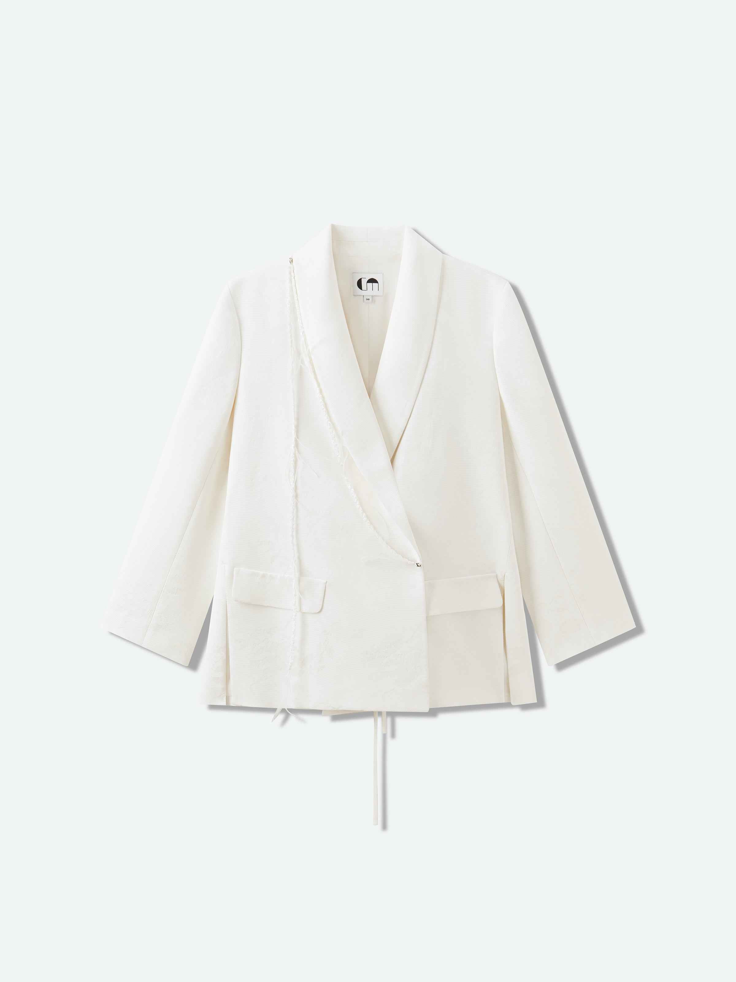Cream White Rayon Jacquard Shawl Collar Oversized Blazer