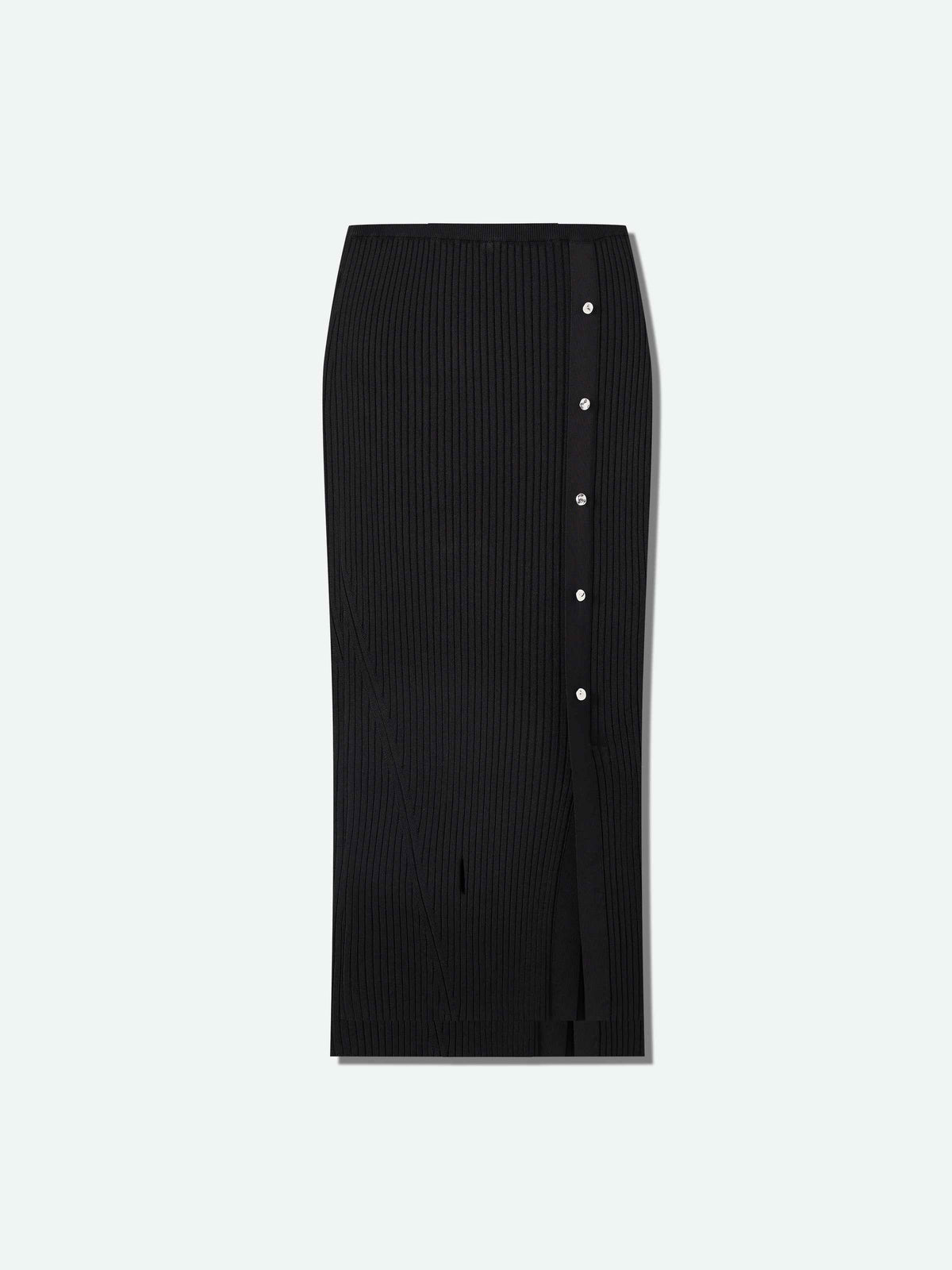 Black Viscose Blend Straight Asymmetric Slit Midi Skirt