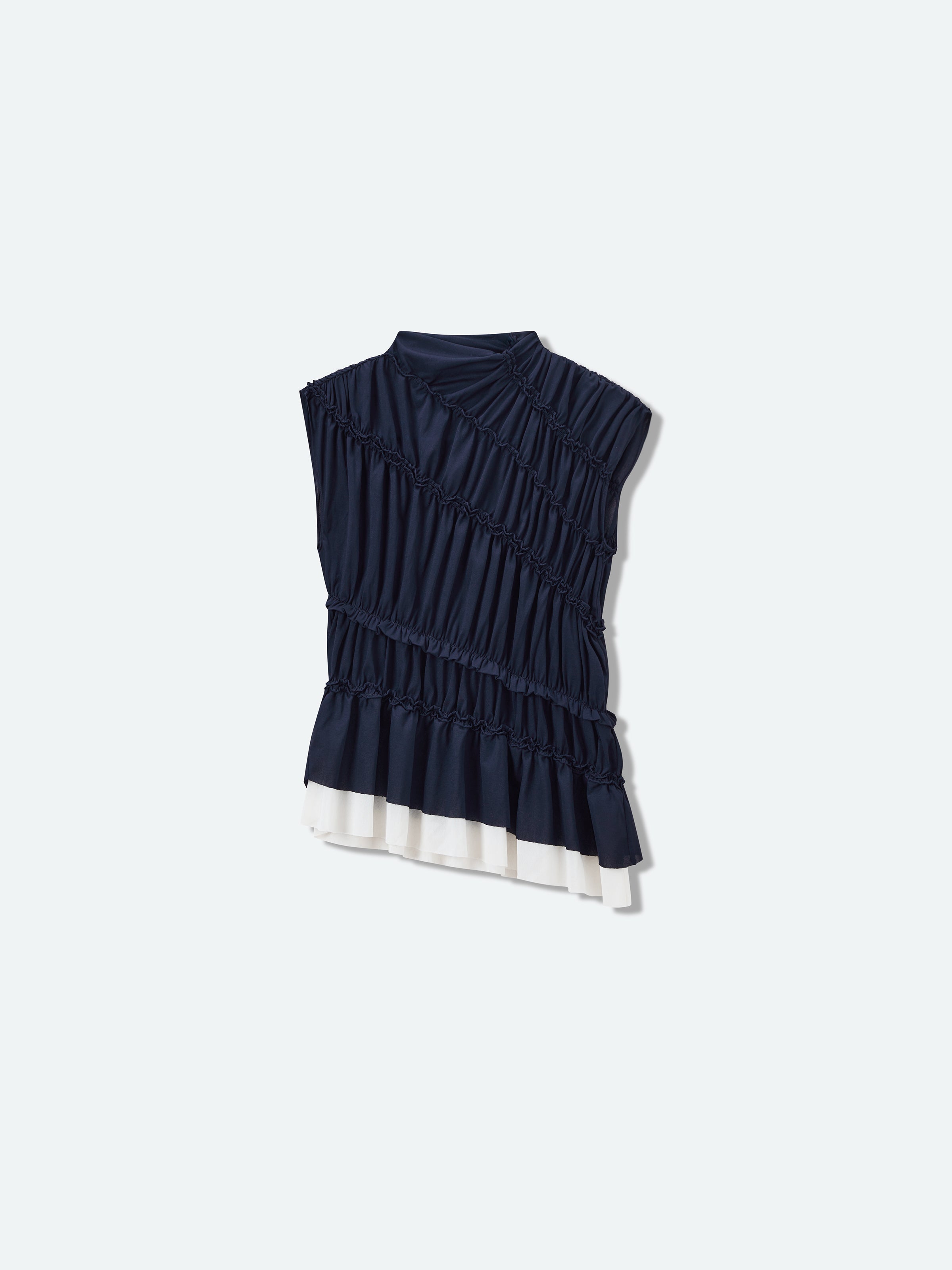 Navy Blue Acetate Knit Fitted Sleeveless Color-Block Top