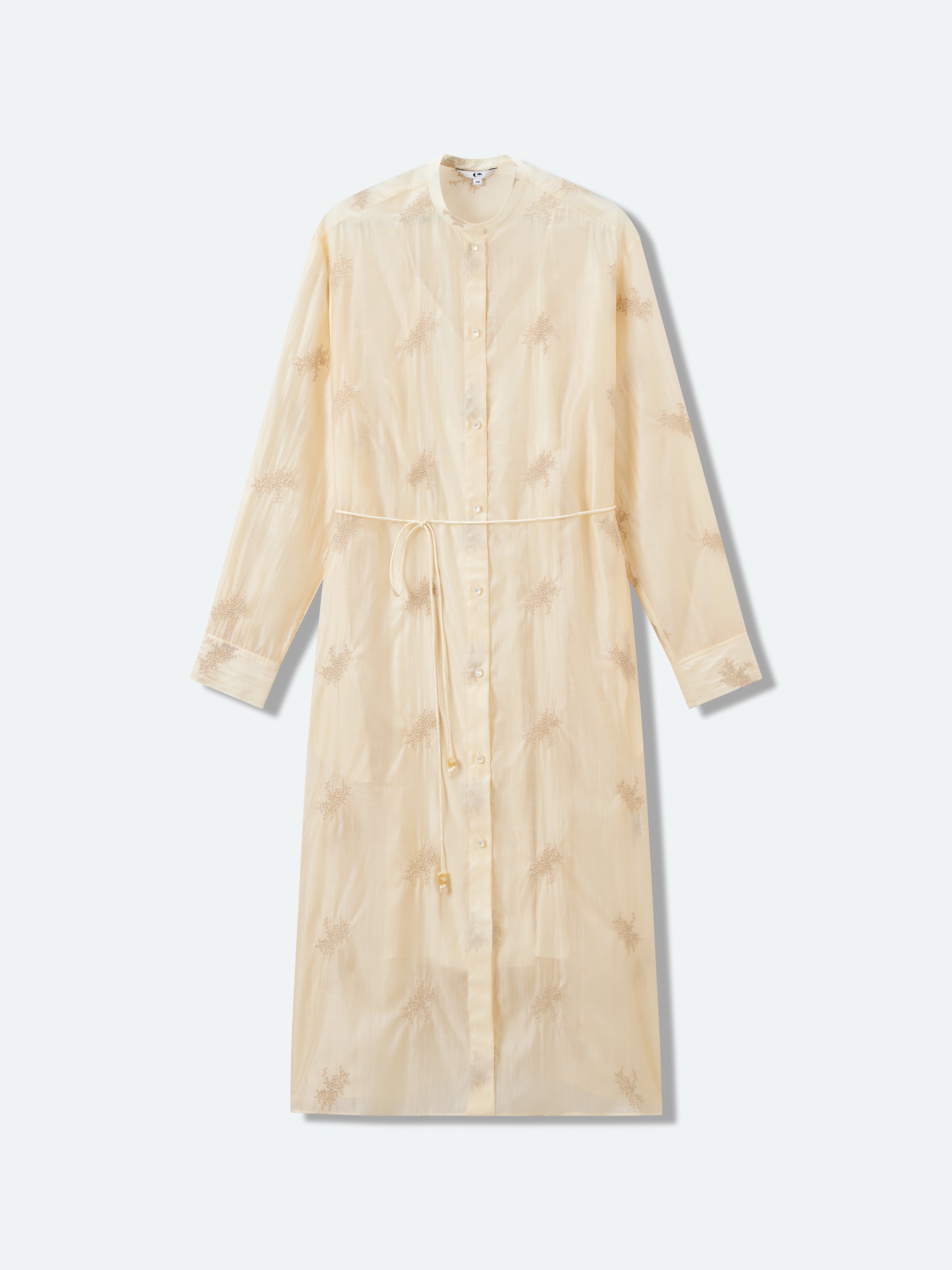 Beige Yellow Lyocell Blend Stand Collar Belt Waist Dress
