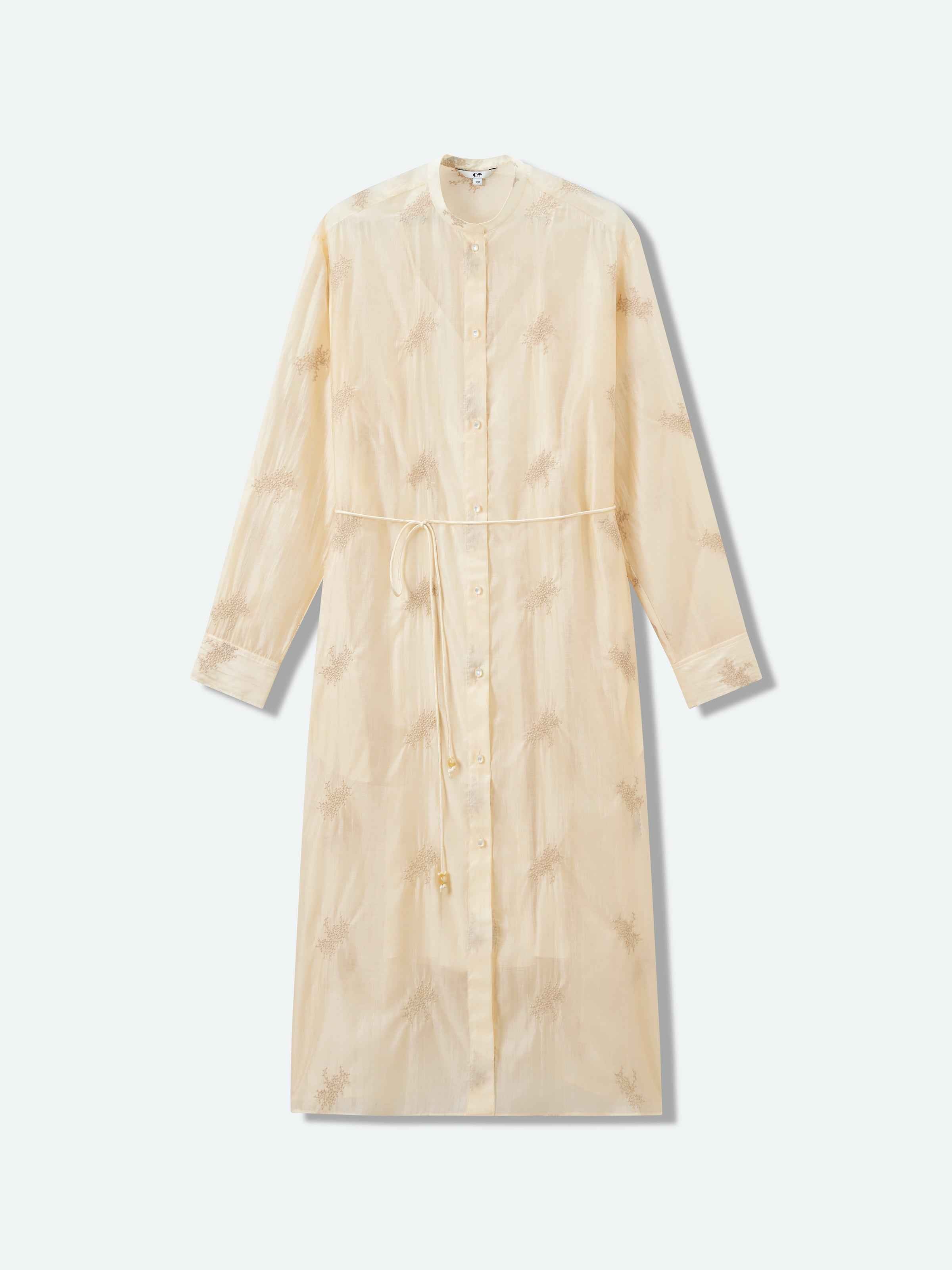 Beige Yellow Lyocell Blend Stand Collar Belt Waist Dress