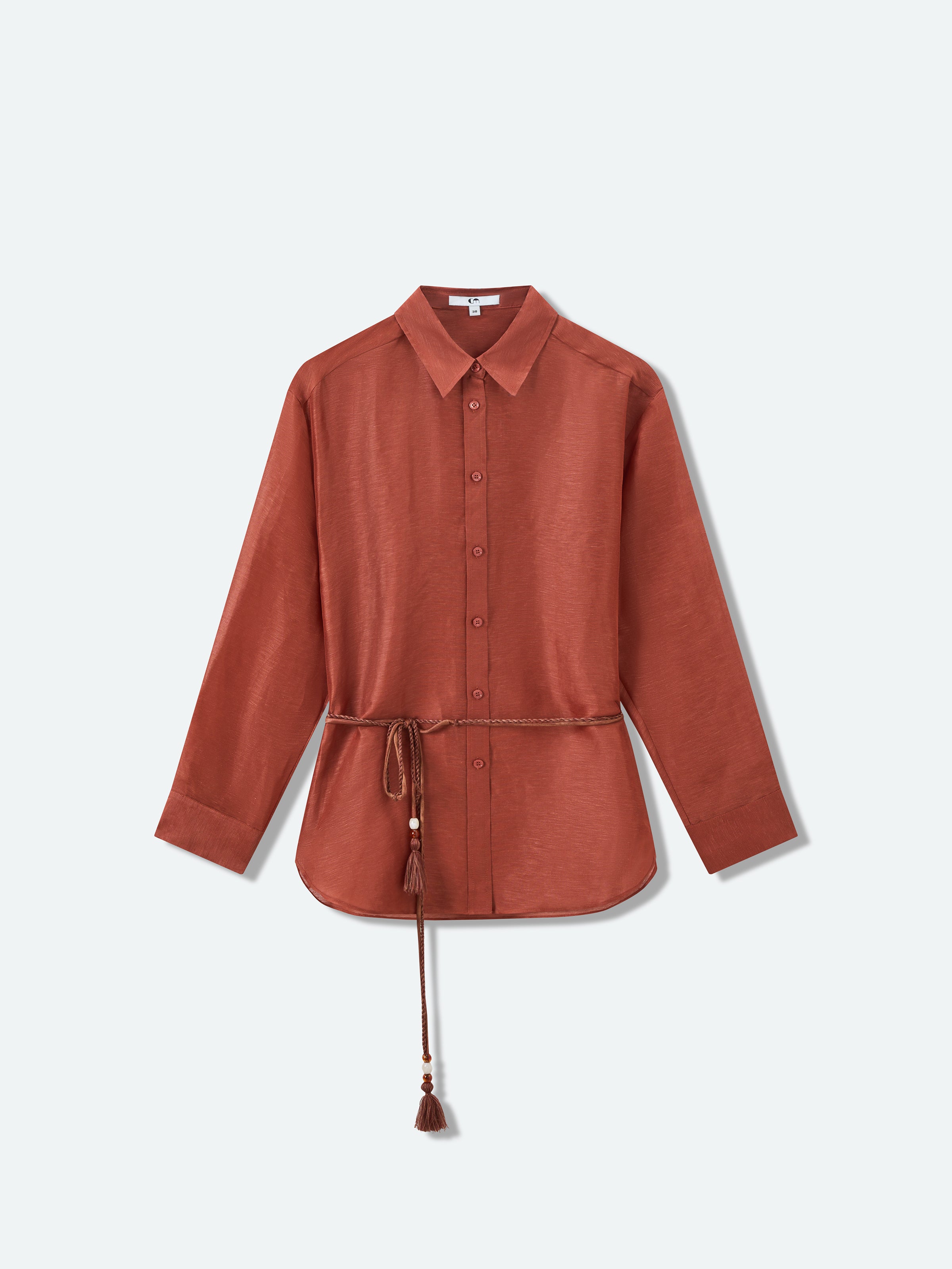 Dark Red Silk Linen Bead Tie Drop-Shoulder Long-Sleeve Shirt