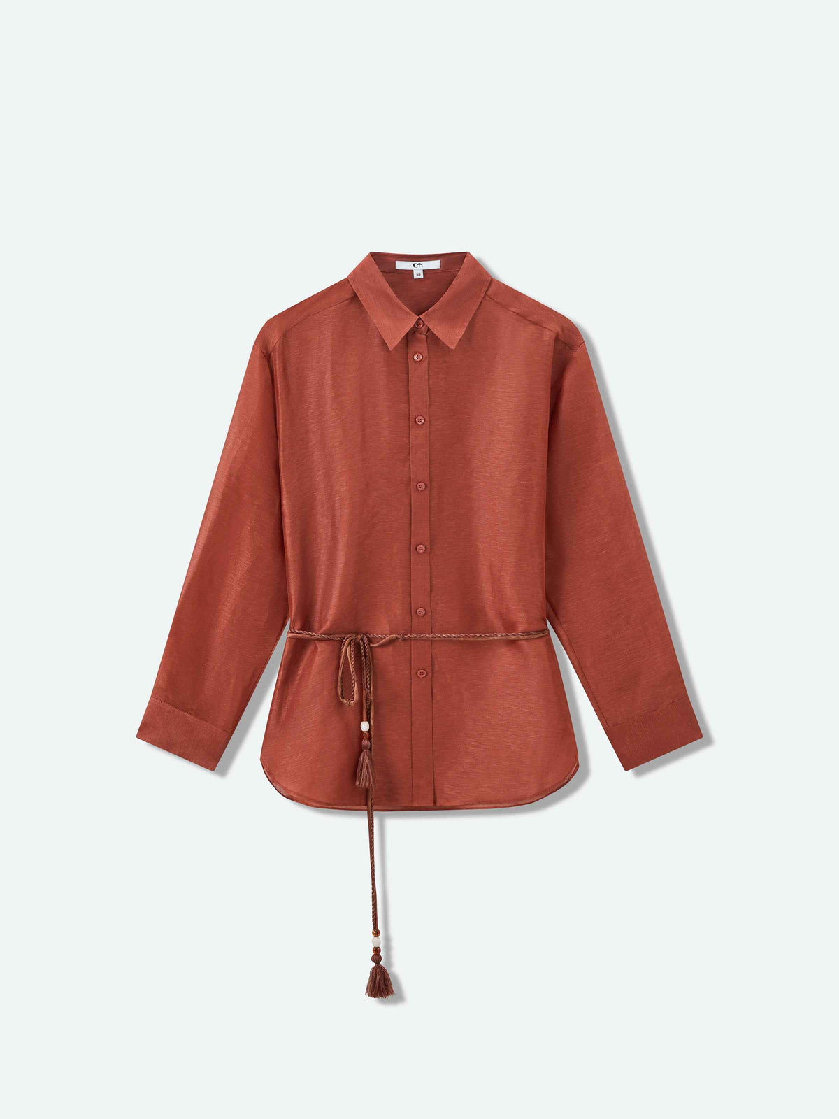 Dark Red Silk Linen Bead Tie Drop-Shoulder Long-Sleeve Shirt