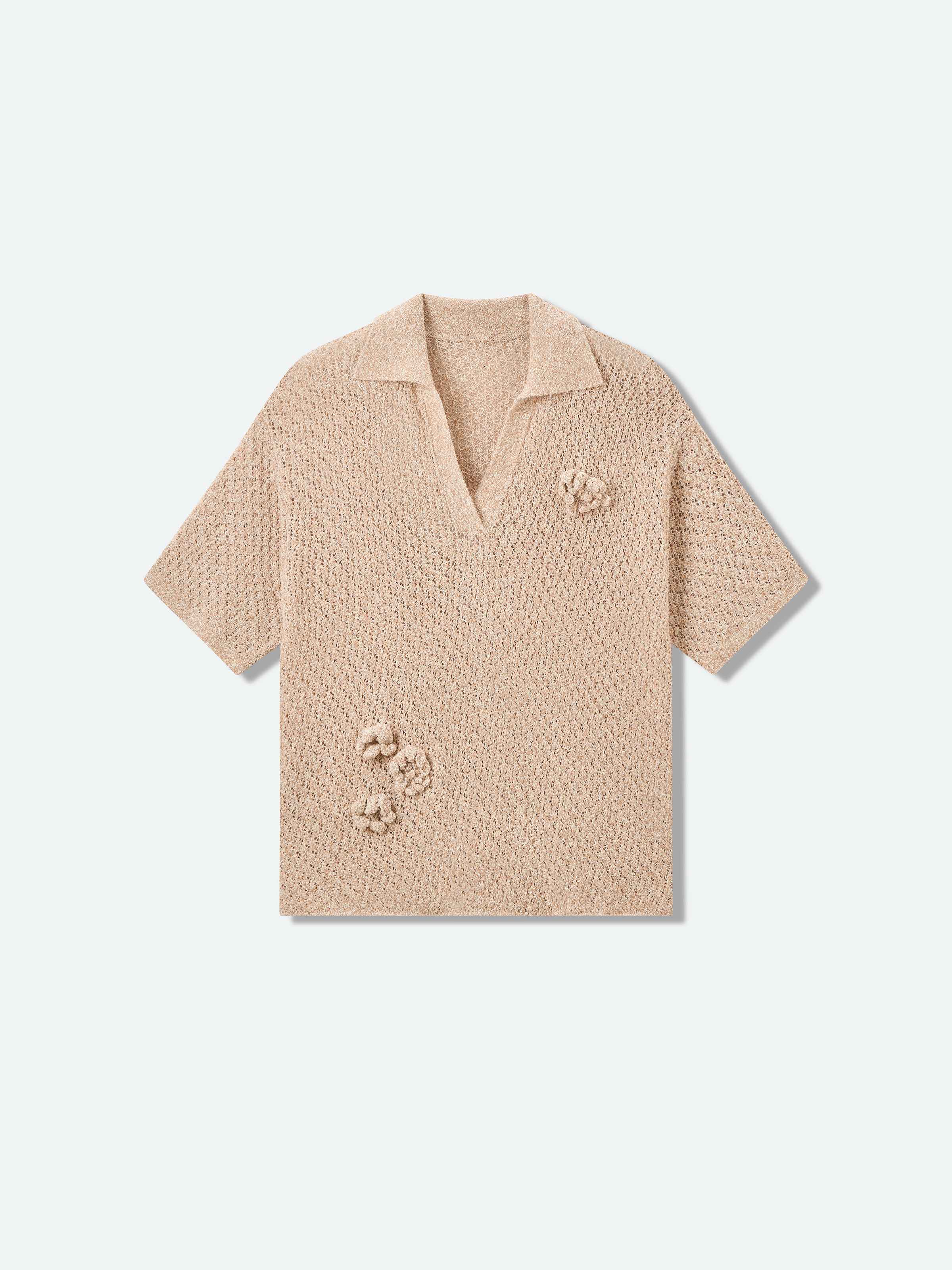 Khaki Cotton Nylon Polo Collar Crocheted Flower Knit Pullover
