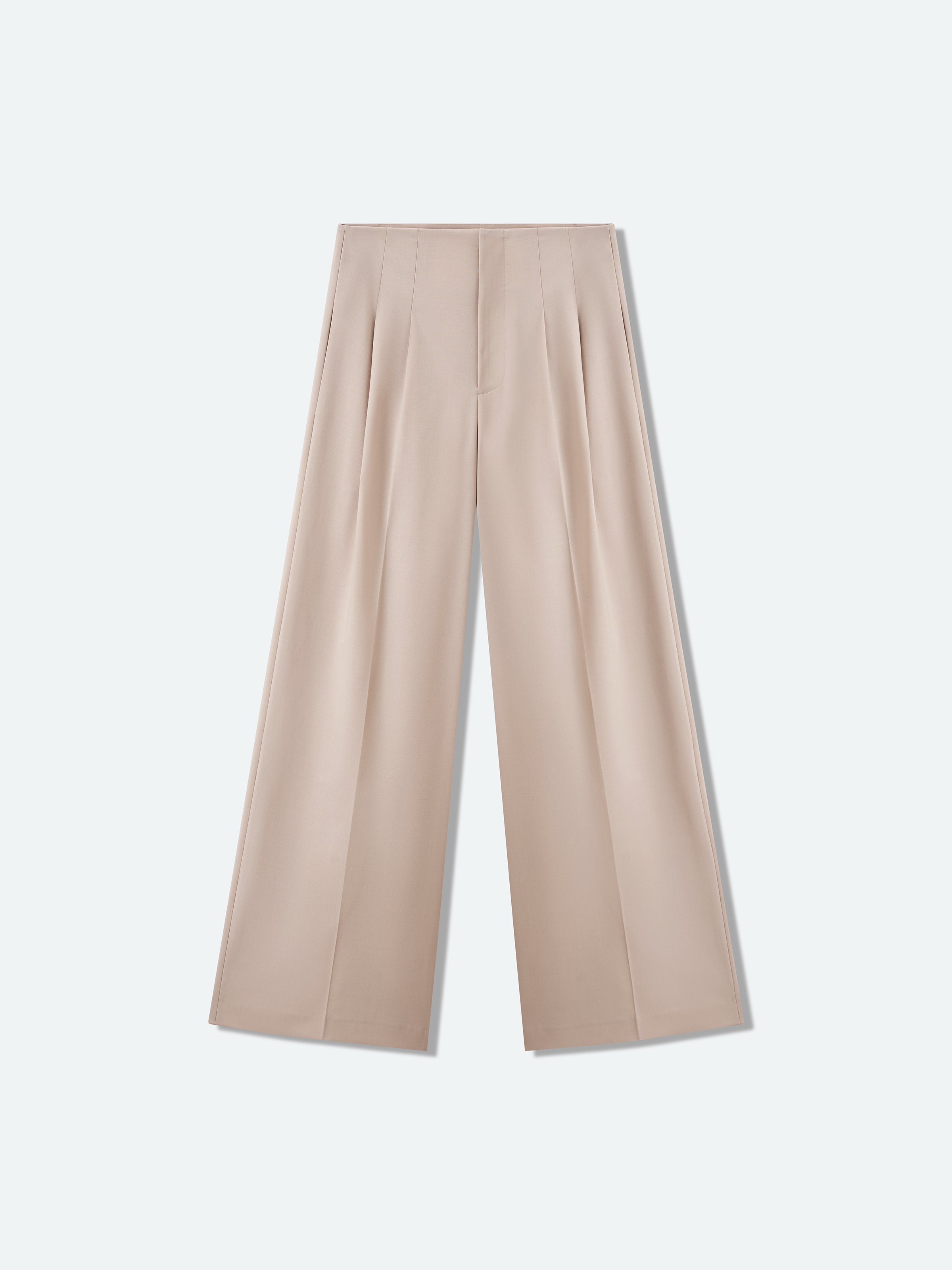Light Khaki Worsted Wool Double Pleat Wide-Leg Trousers