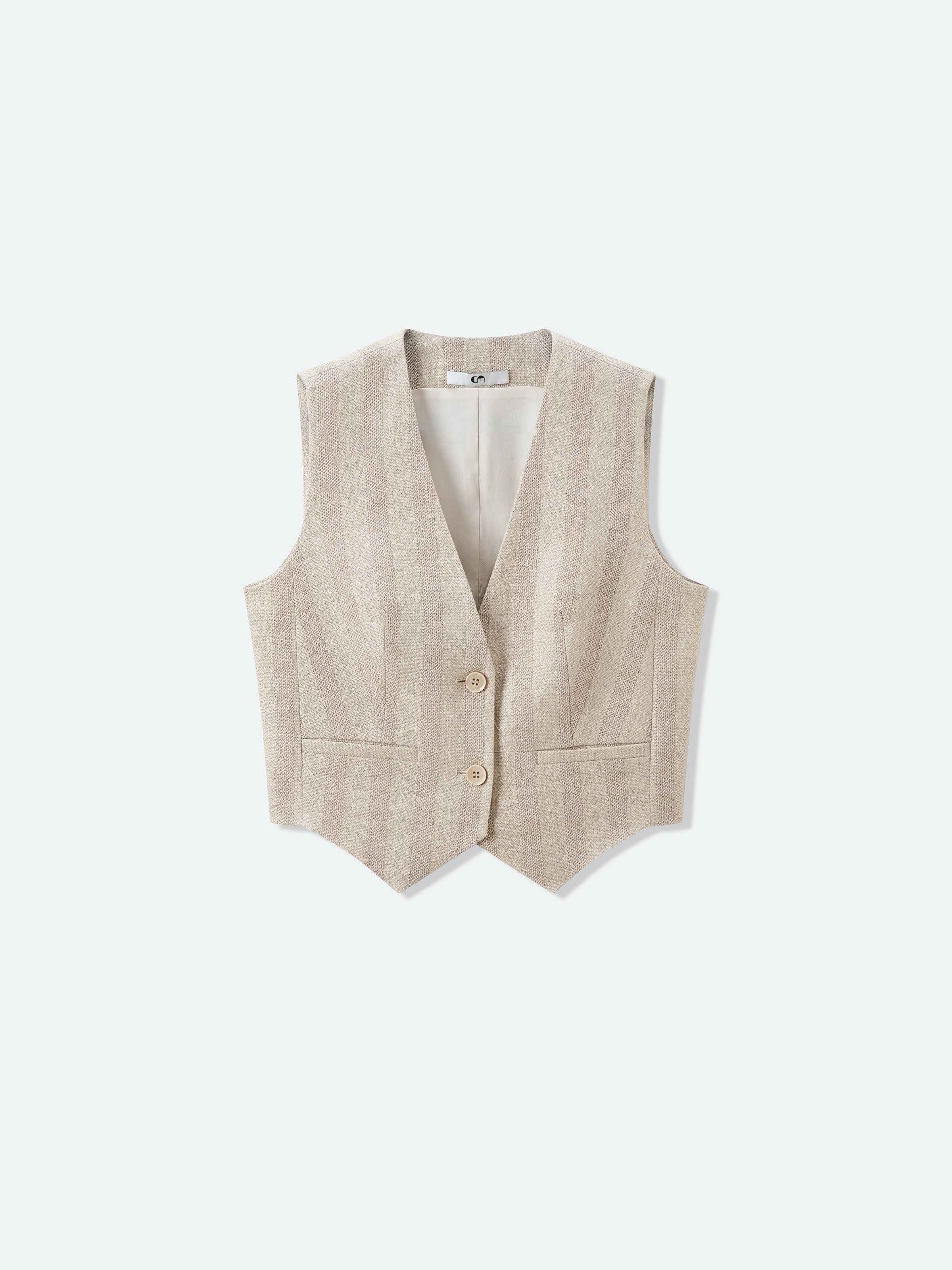 Beige Linen Cotton Striped V-Neck Triangular Hem Vest