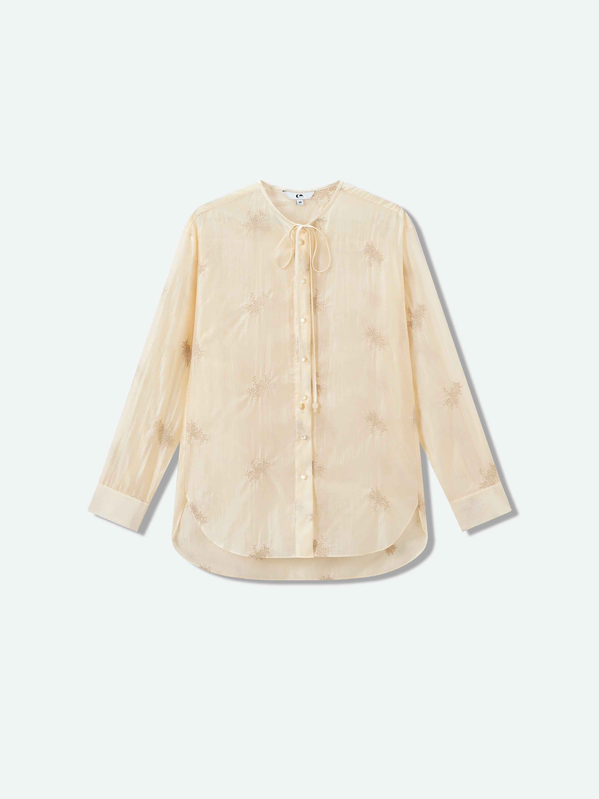 Beige Yellow Lyocell Blend Round Neck Bow Tie Shirt
