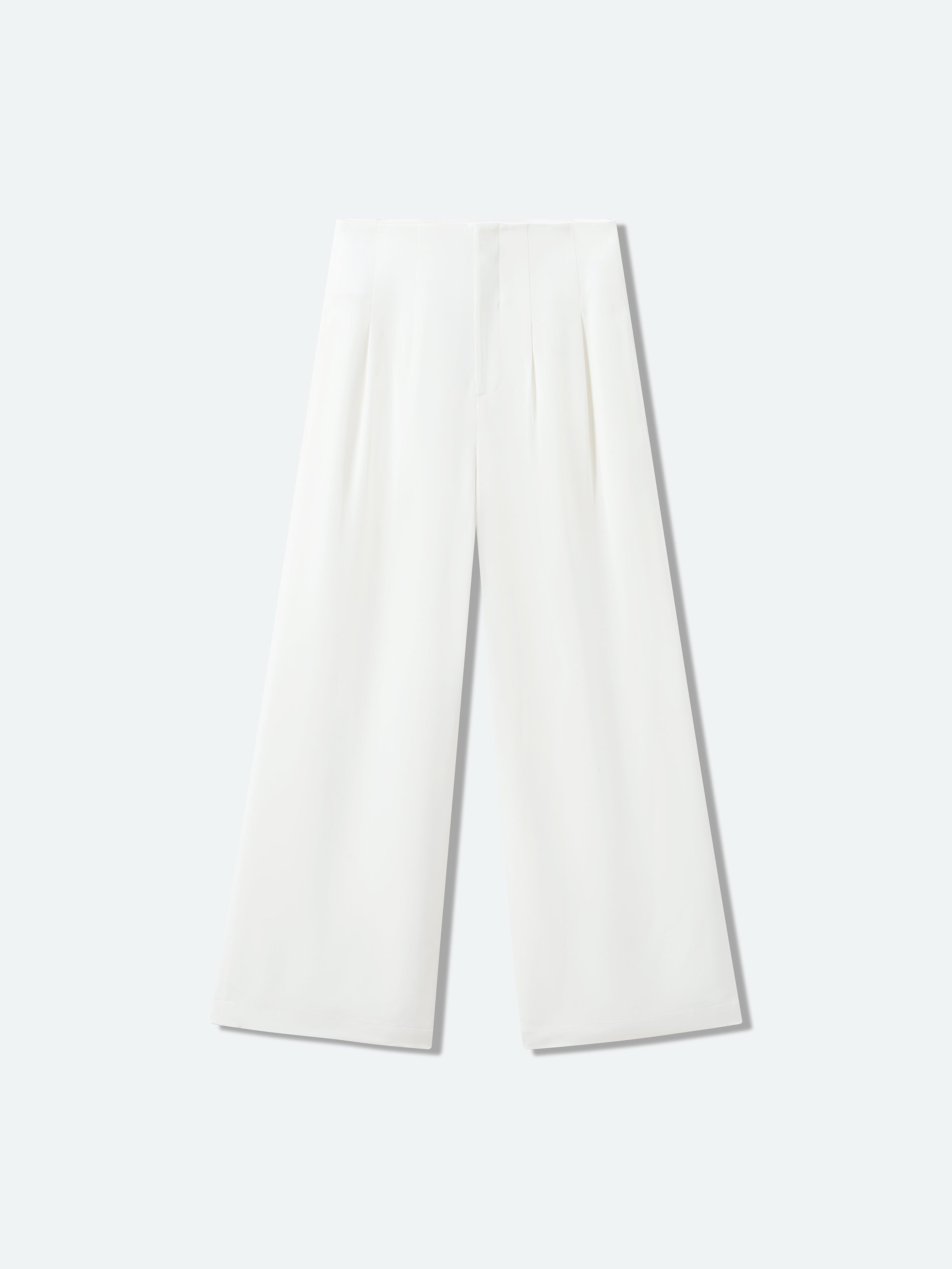 Cream White Mulberry Silk Double Pleat Wide-Leg Trousers