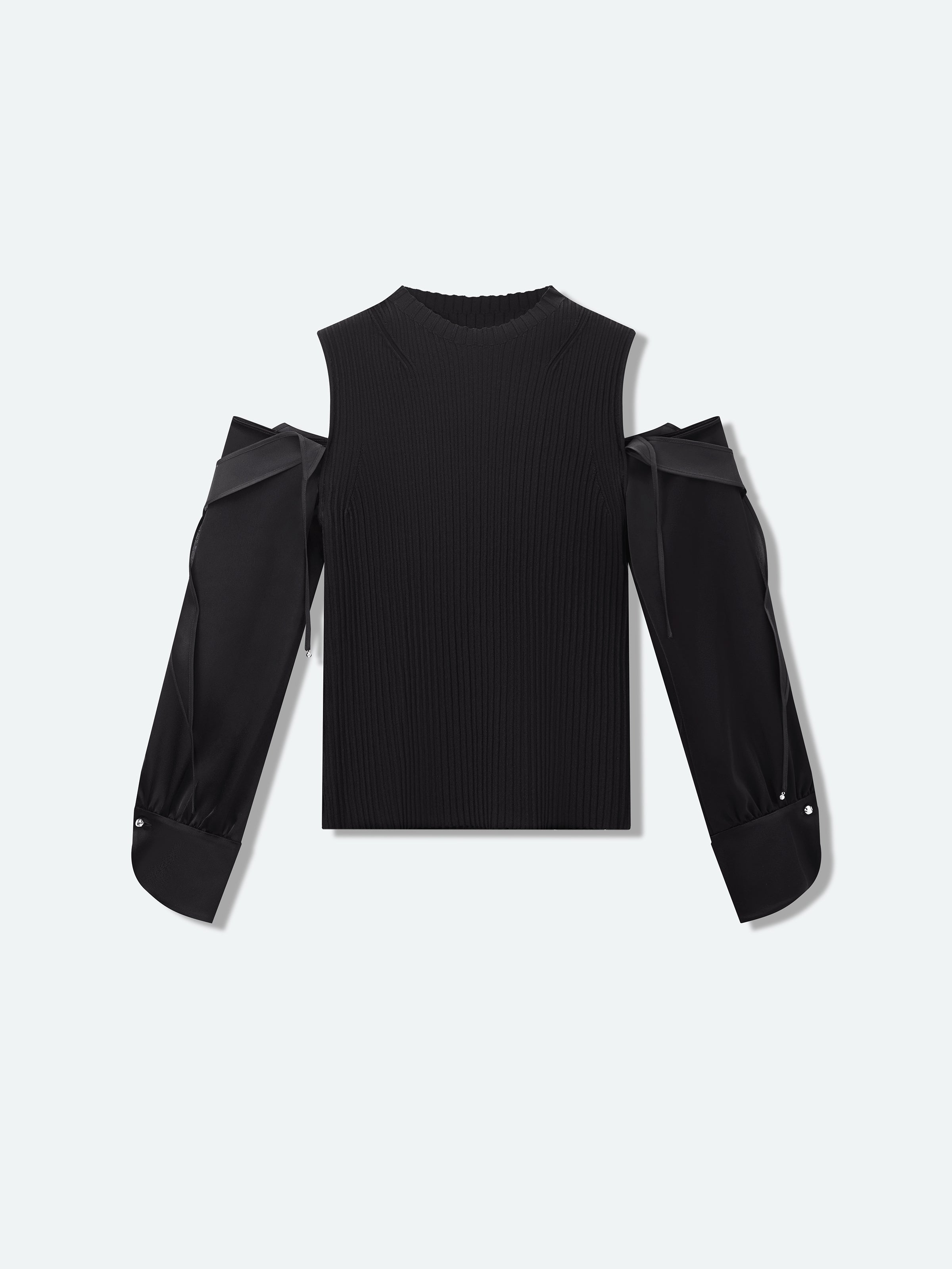 Black Viscose Satin Organza High Neck Slim Top