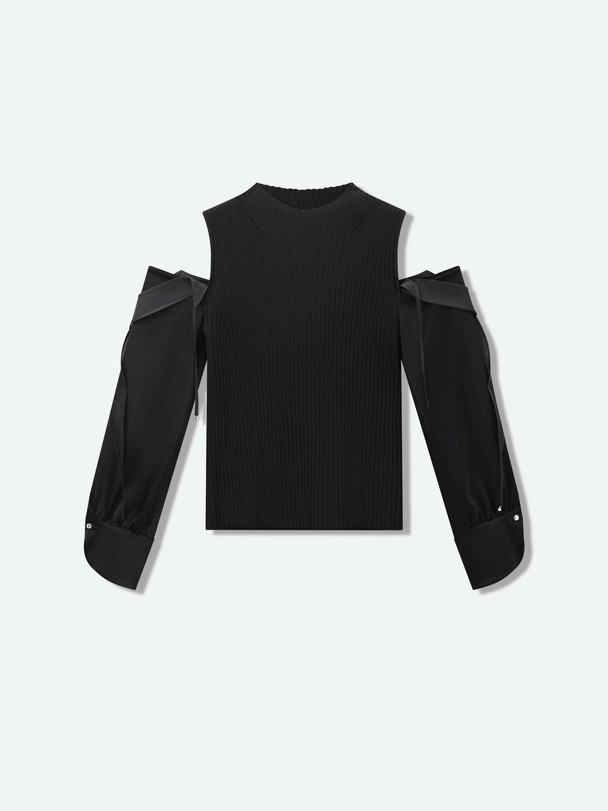Black Viscose Satin Organza High Neck Slim Top