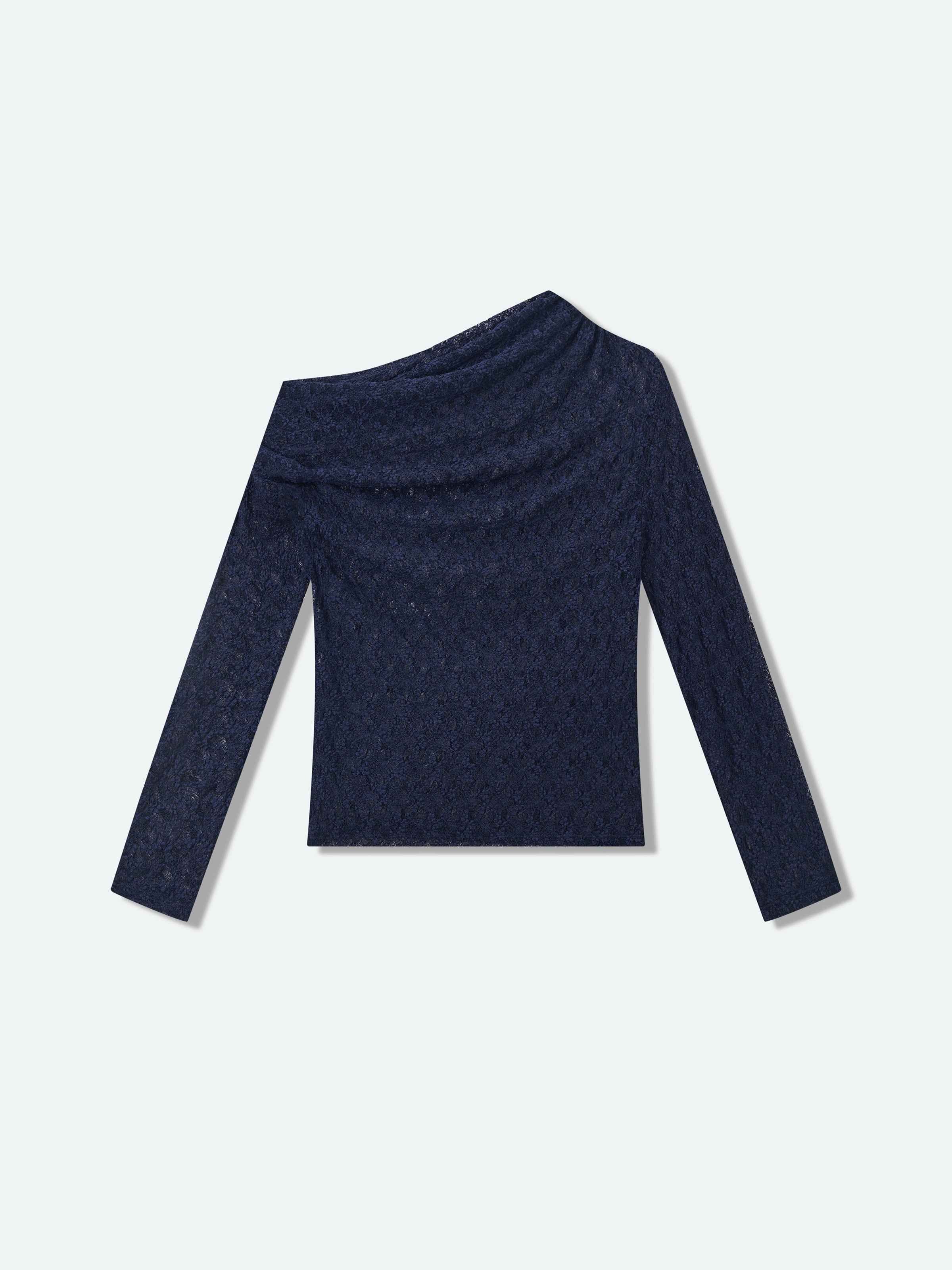 Navy Blue Stretch Lace One-Shoulder Fitted Long-Sleeve Top