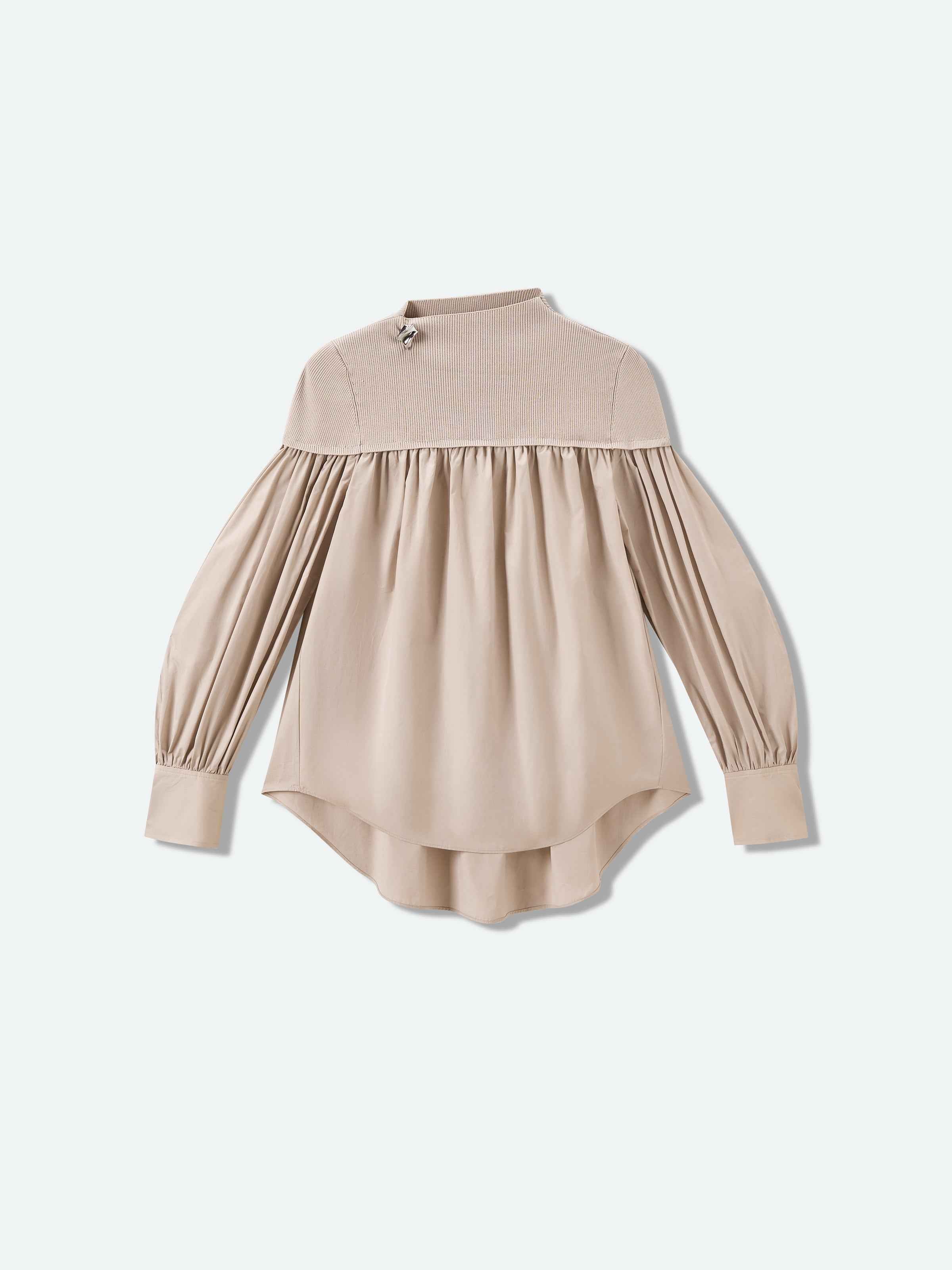 Beige Cotton Poly Viscose Spliced Ruched Long-Sleeve Top