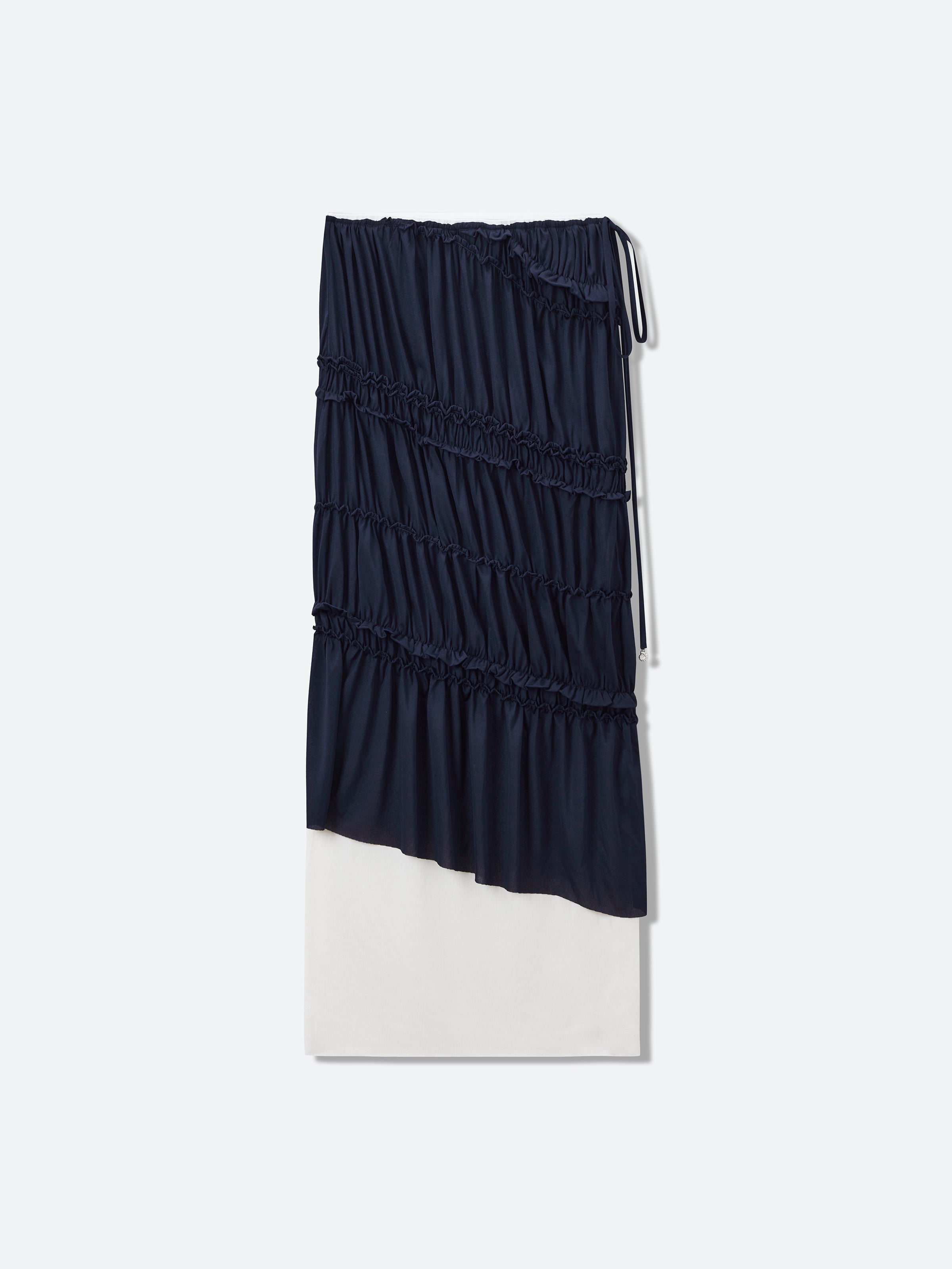 Navy Blue Acetate Knit Diagonal Shirring Irregular Midi Skirt