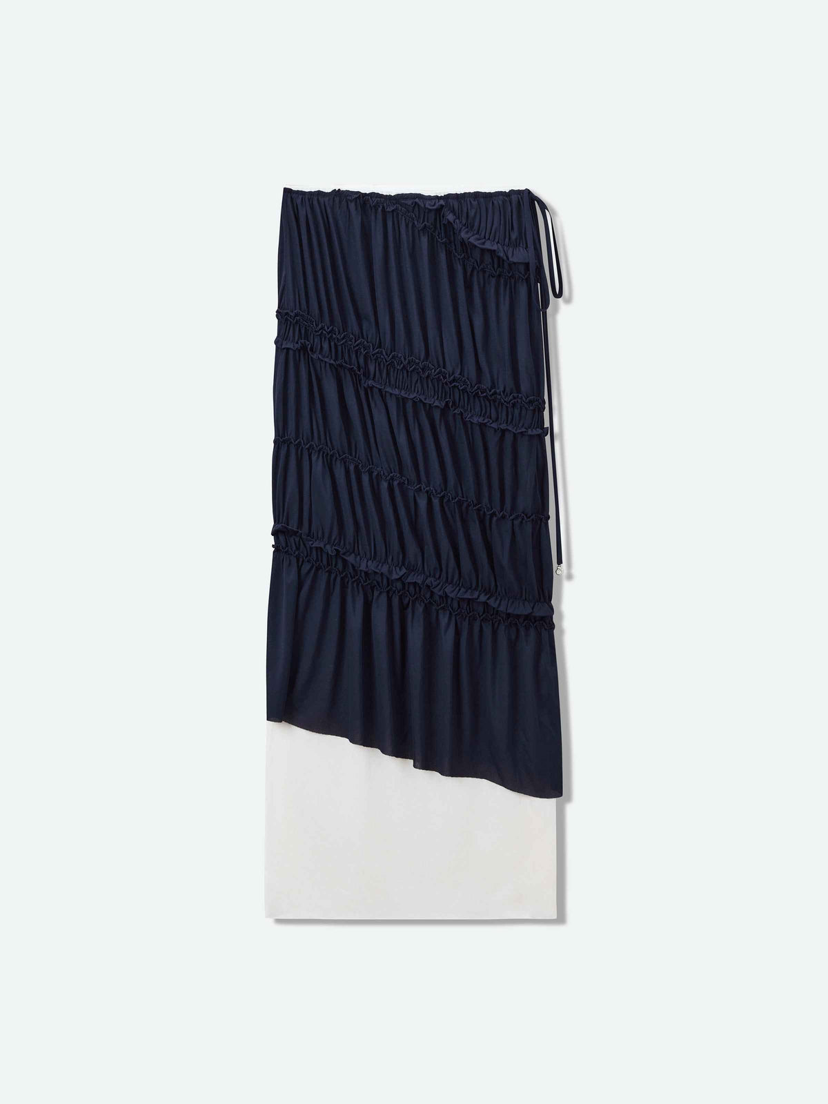 Navy Blue Acetate Knit Diagonal Shirring Irregular Midi Skirt