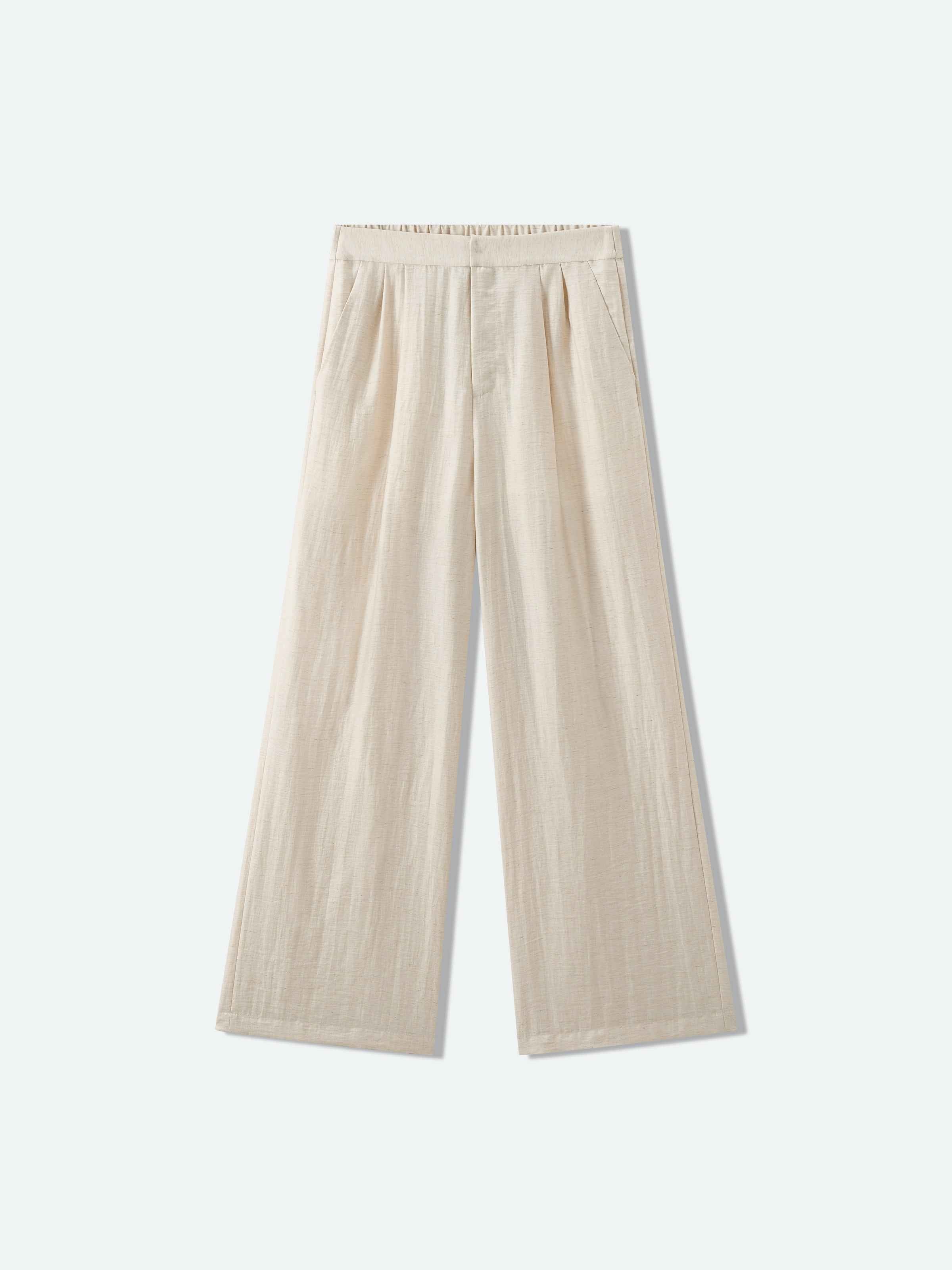 Cream White Linen Elastic Back Wide-Leg Trousers