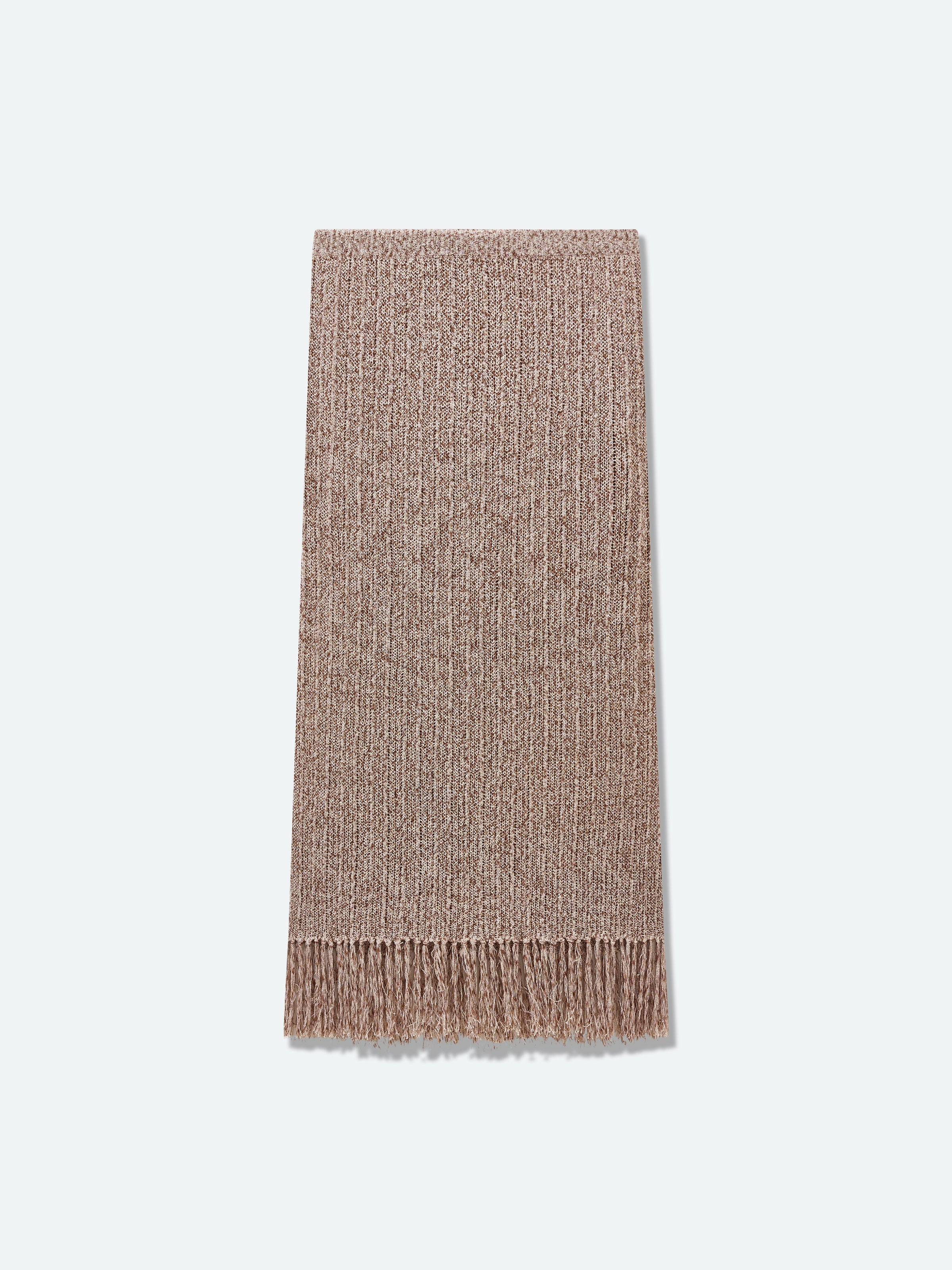 Brown hollow-out knit midi skirt, straight silhouette with fringe at hem
