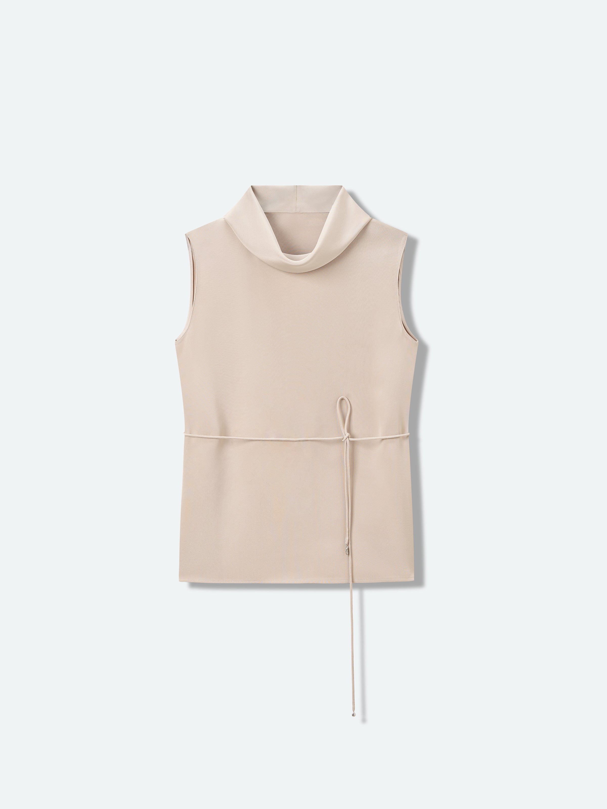 Light Khaki Mulberry Silk Cowl Neck Drawstring Sleeveless Top