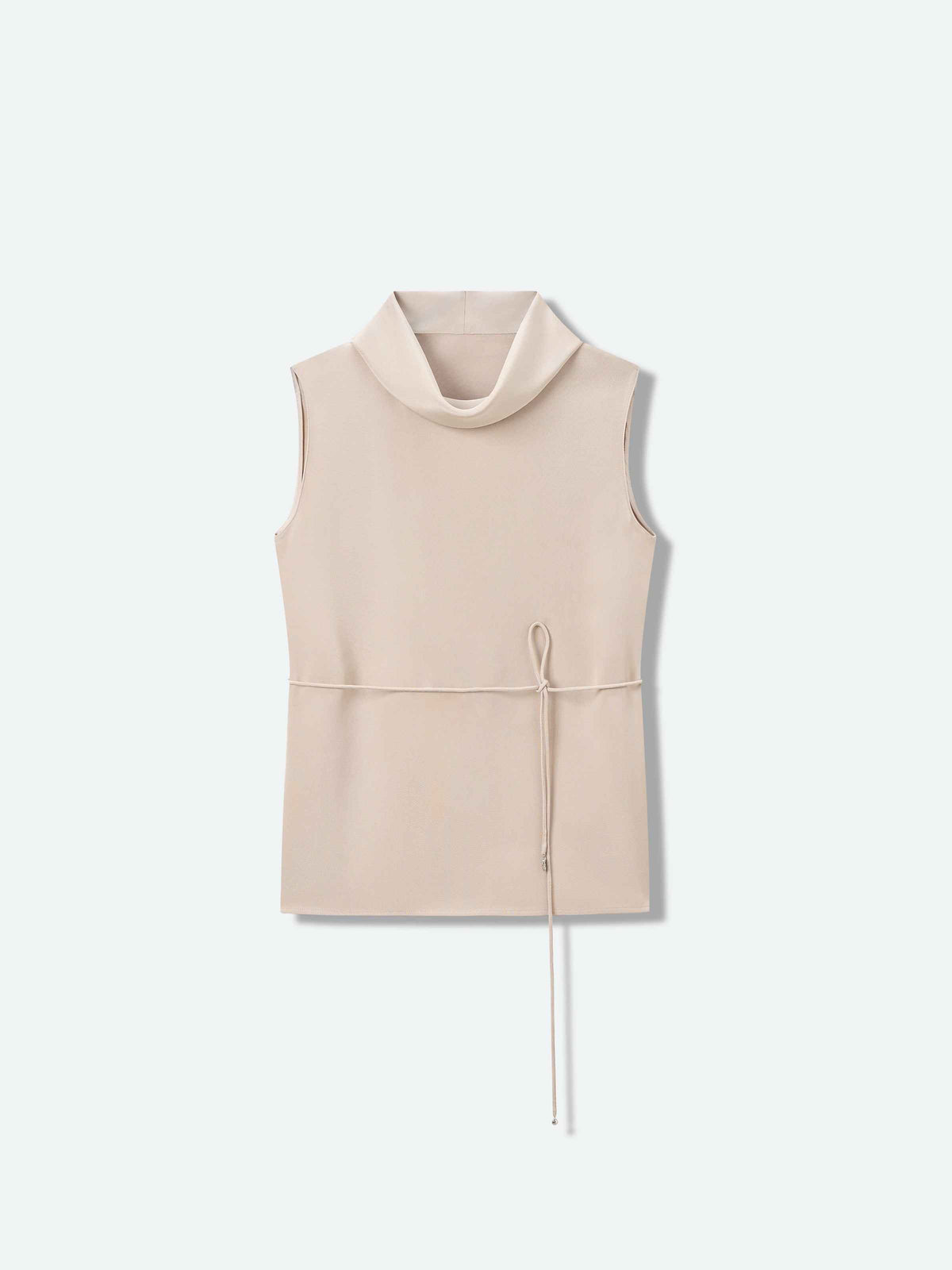 Light Khaki Mulberry Silk Cowl Neck Drawstring Sleeveless Top
