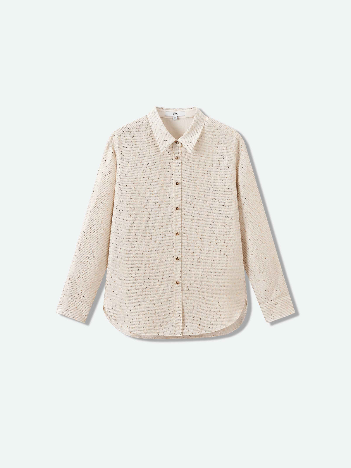 Beige Sequin Stripe Tailored Straight Long-Sleeve Shirt