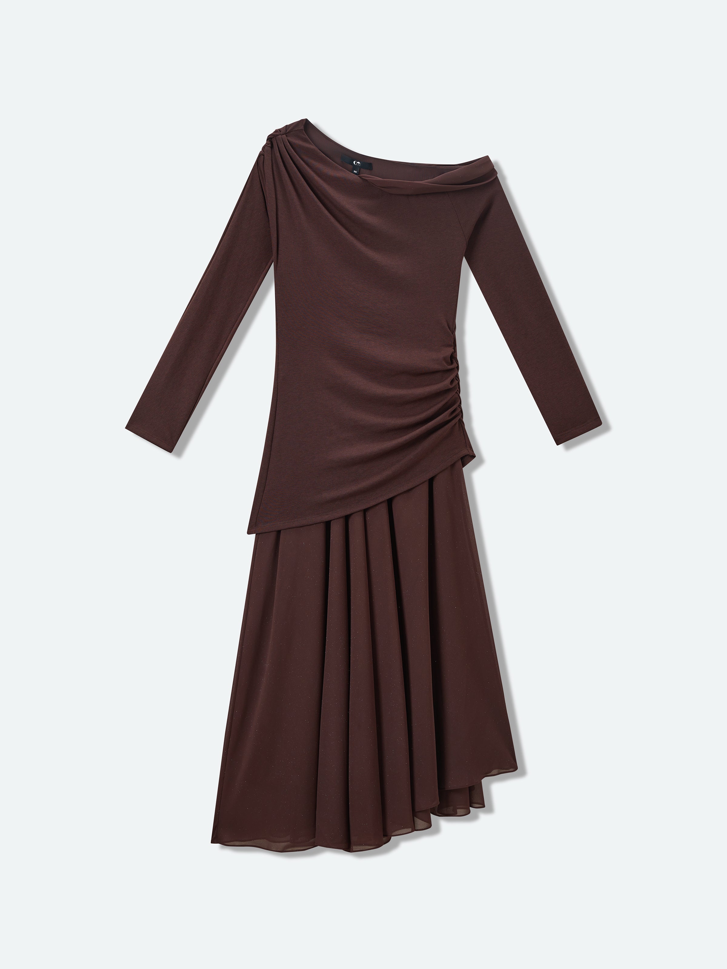 Coffee Brown Knit Silver Foil Chiffon One-Shoulder Long-Sleeve Dress