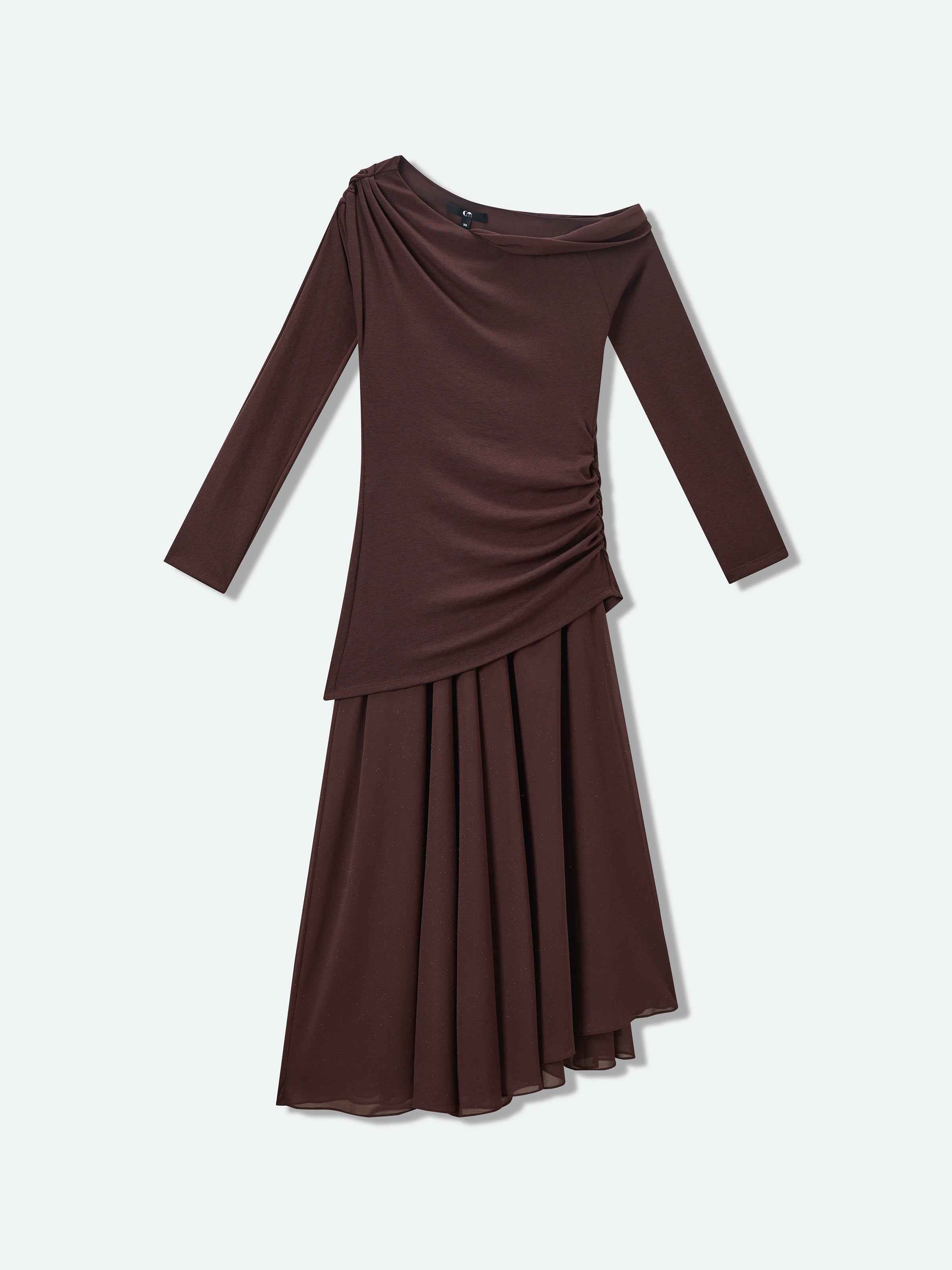 Coffee Brown Knit Silver Foil Chiffon One-Shoulder Long-Sleeve Dress