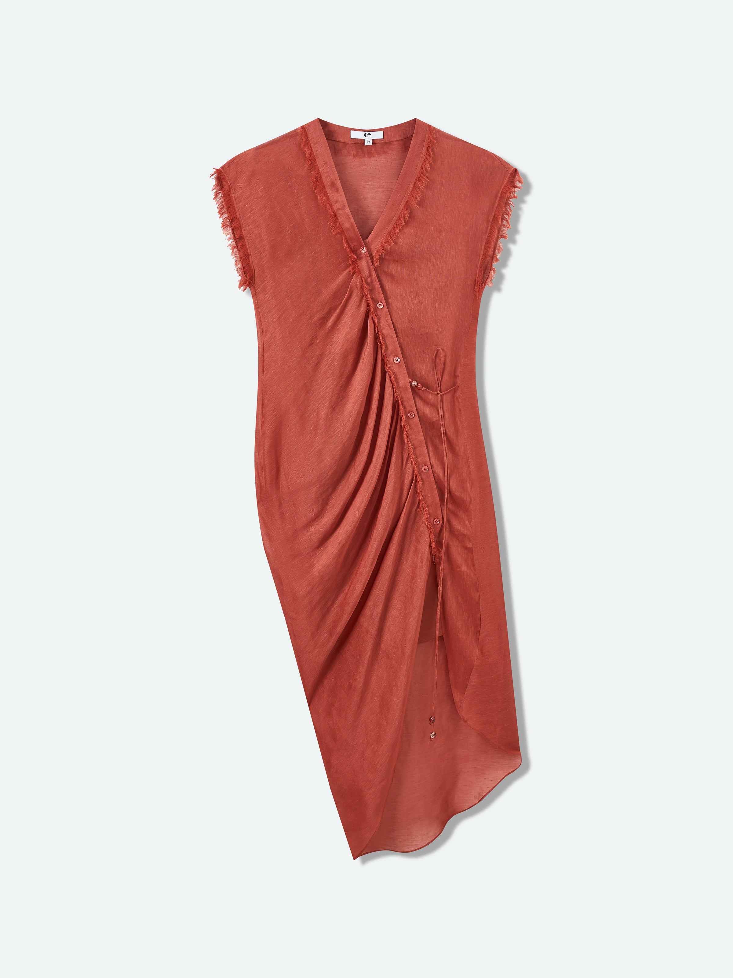 Dark Red Silk Linen Bead Tie V-Neck Cap Sleeve Dress