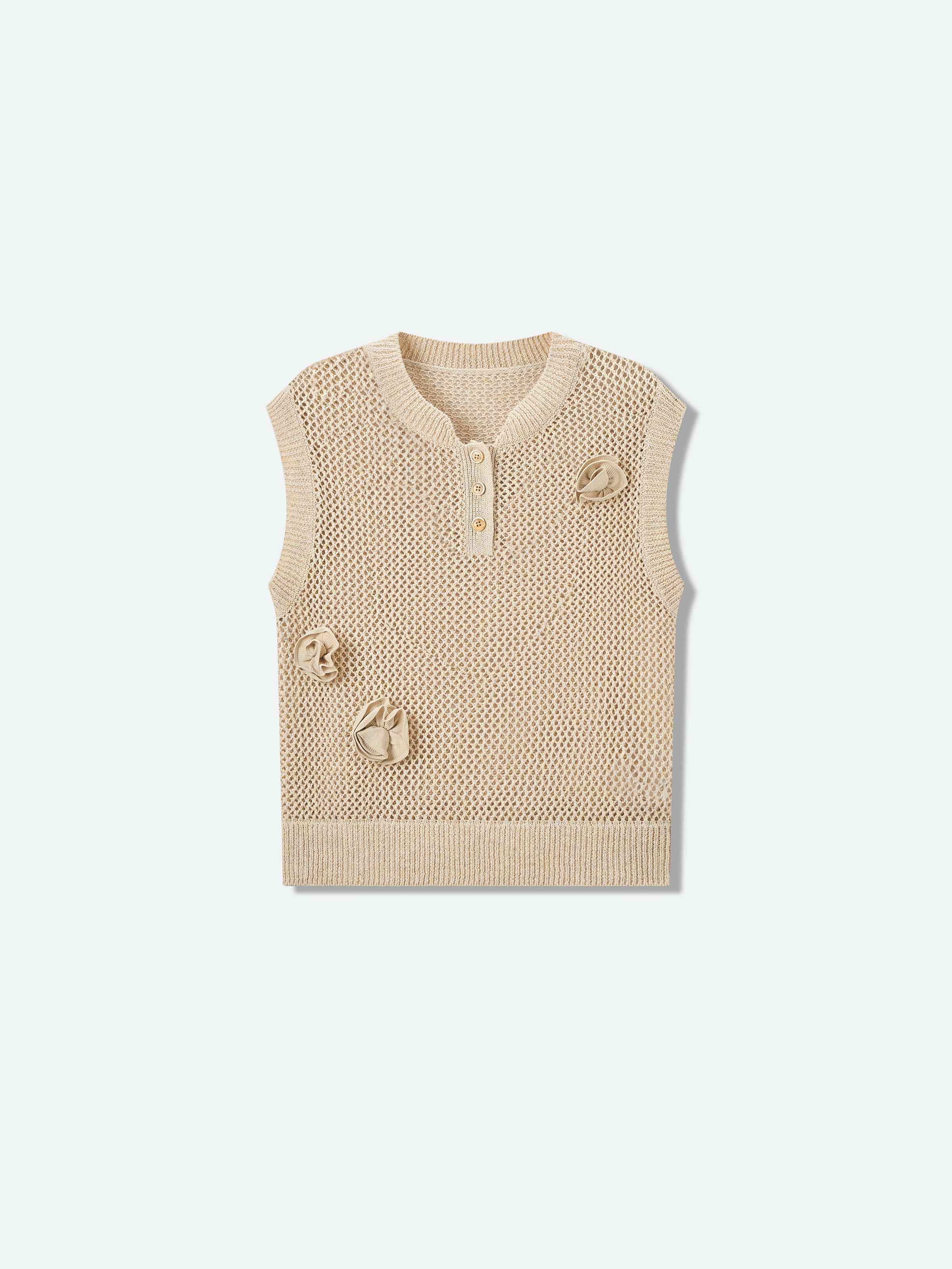 Beige Cotton Poly Linen Hollow Henley 3D Flower Knit Vest