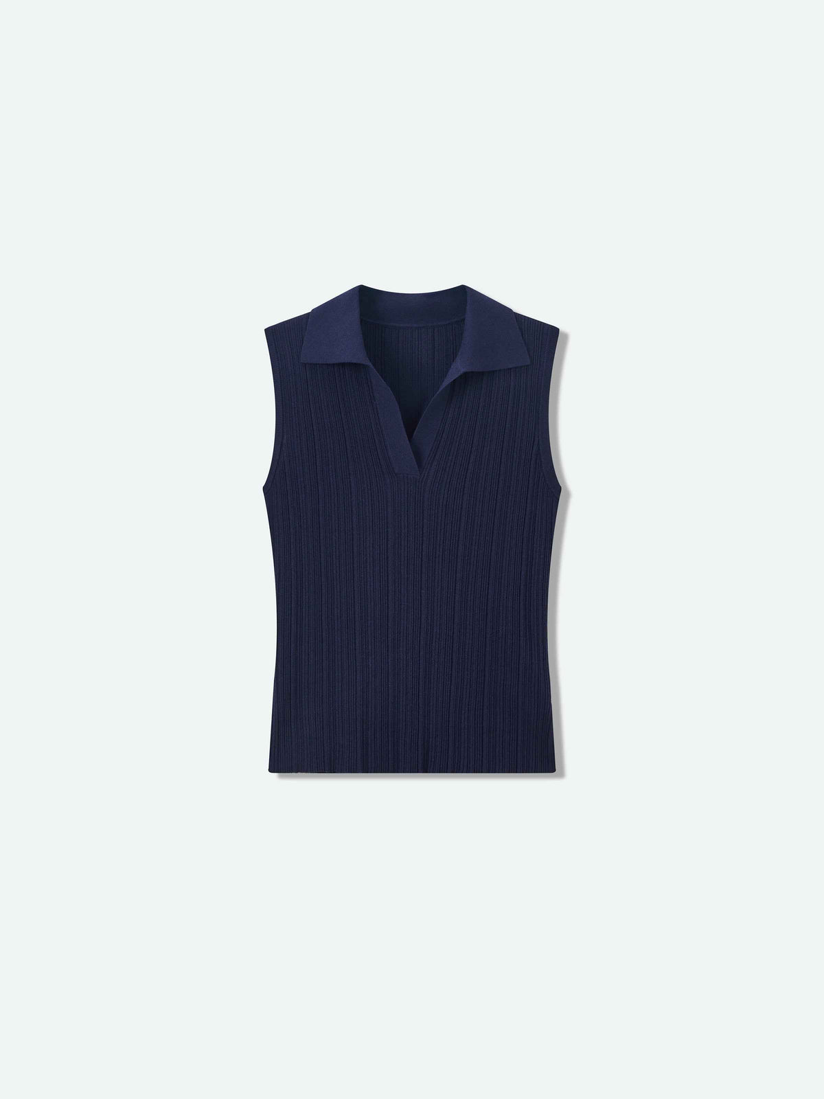 Navy Blue Tencel Acetate Vertical Rib Fitted Slim Sweater