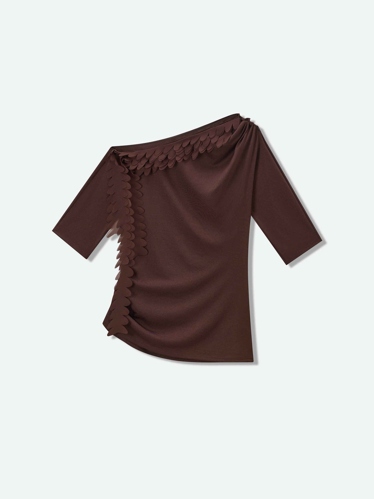 Brown Acetate Poly Knit One-Shoulder Ruching Elbow-Sleeve Top