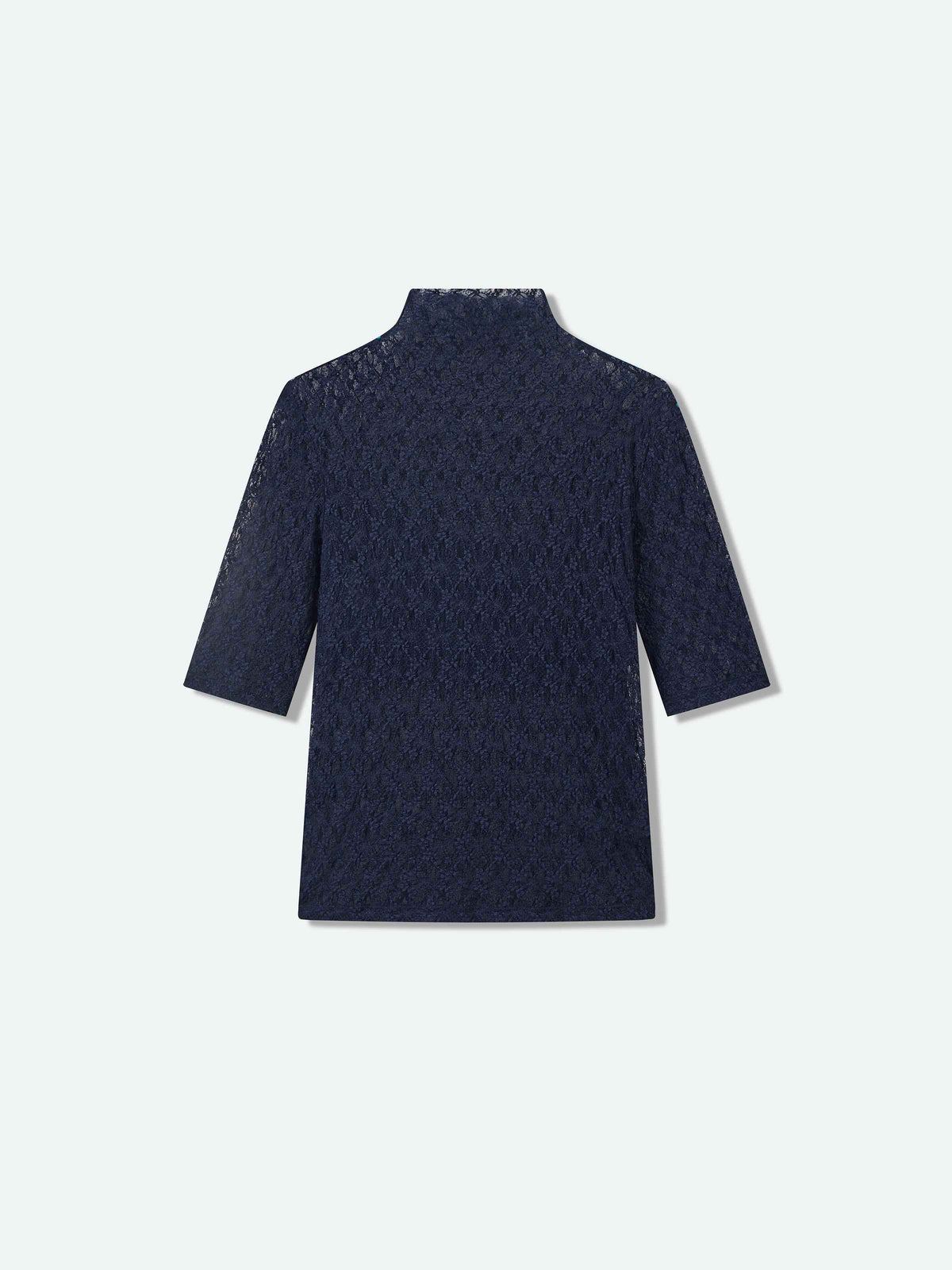 Navy Blue Stretch Lace Semi-High Neck Elbow-Sleeve Top