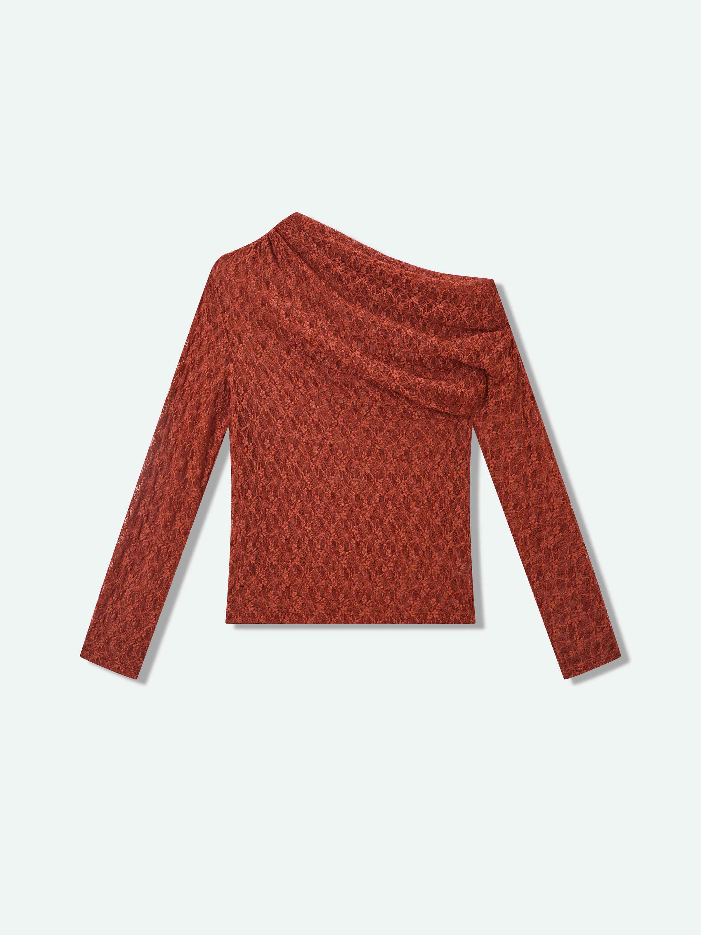 Orange Red Stretch Lace Stacked Neck Fitted Long-Sleeve Top