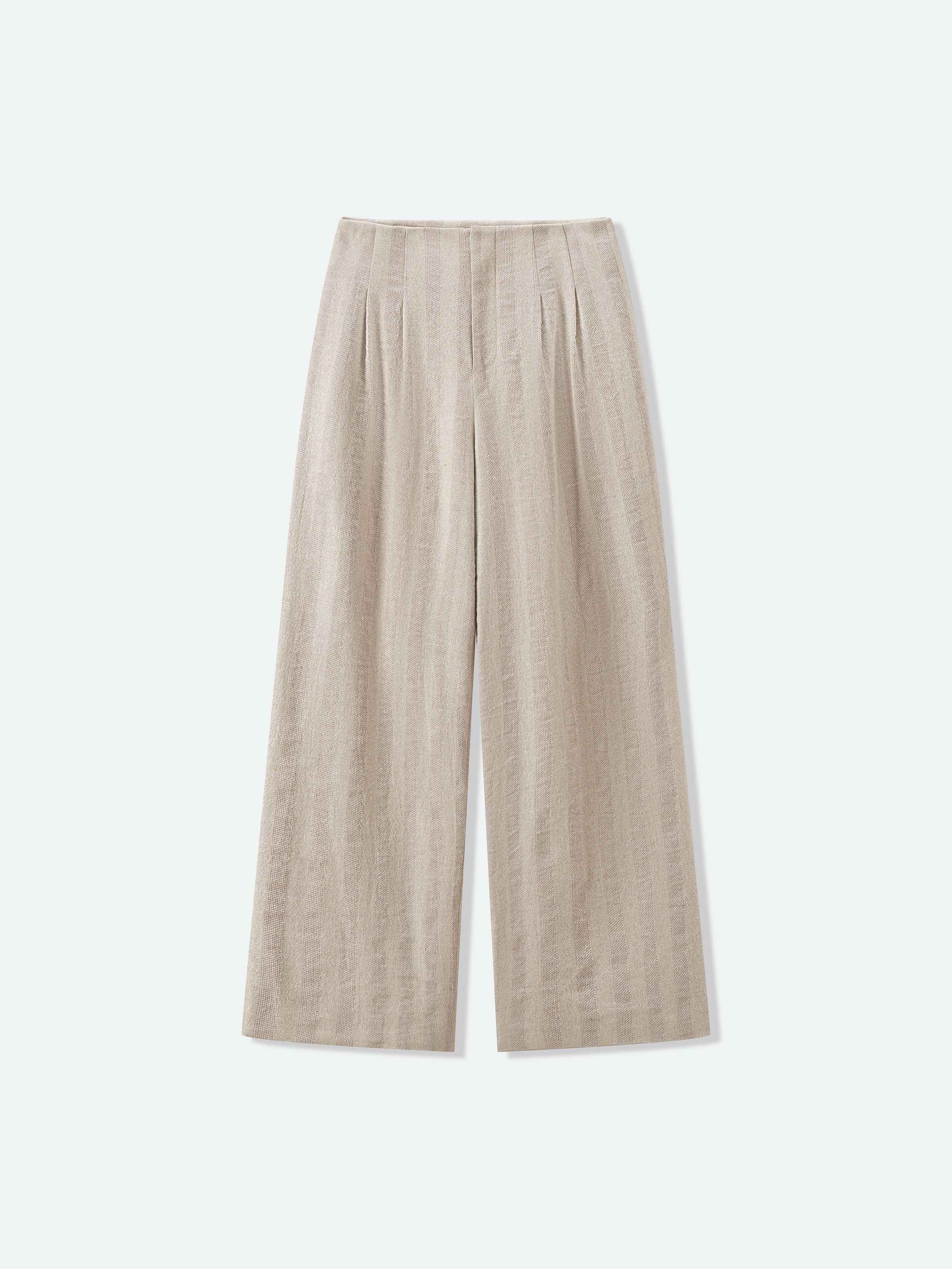 Beige Linen Cotton Striped Relaxed Wide-Leg Trousers