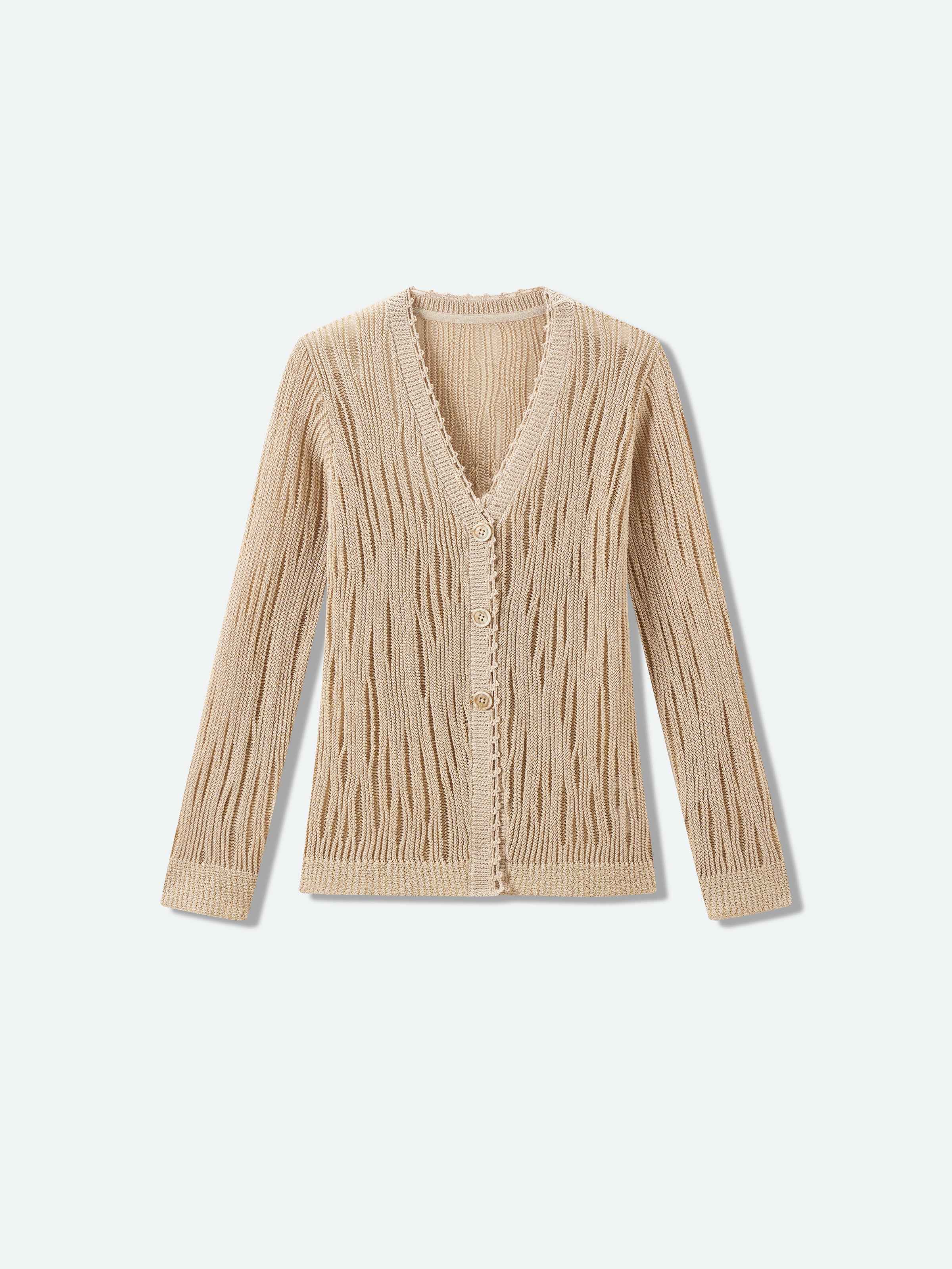 Light Khaki Openwork Floral Placket V-Neck Knit Cardigan