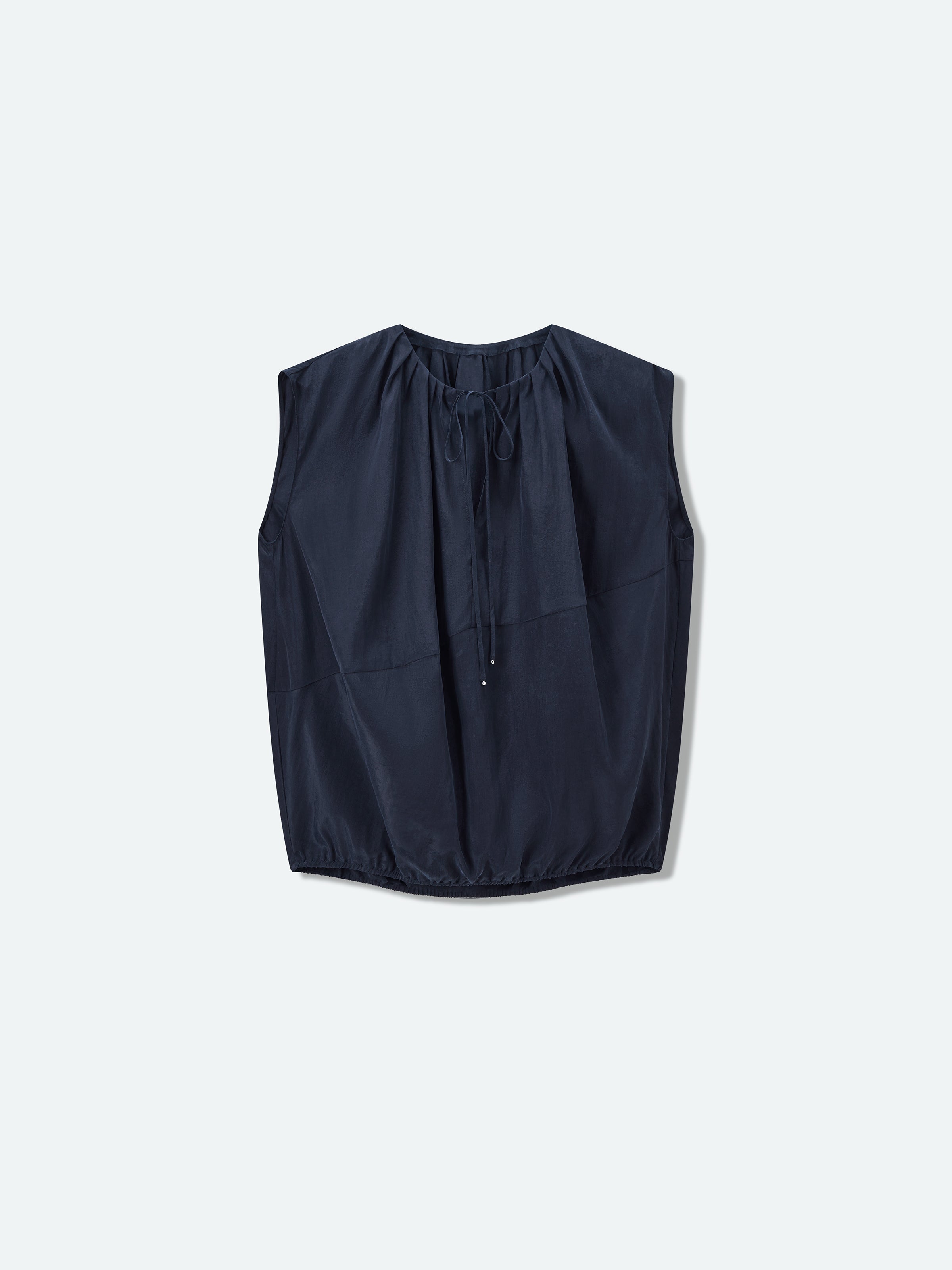 Navy Blue Tencel Snow-Washed Drawstring Cocoon Sleeveless Top