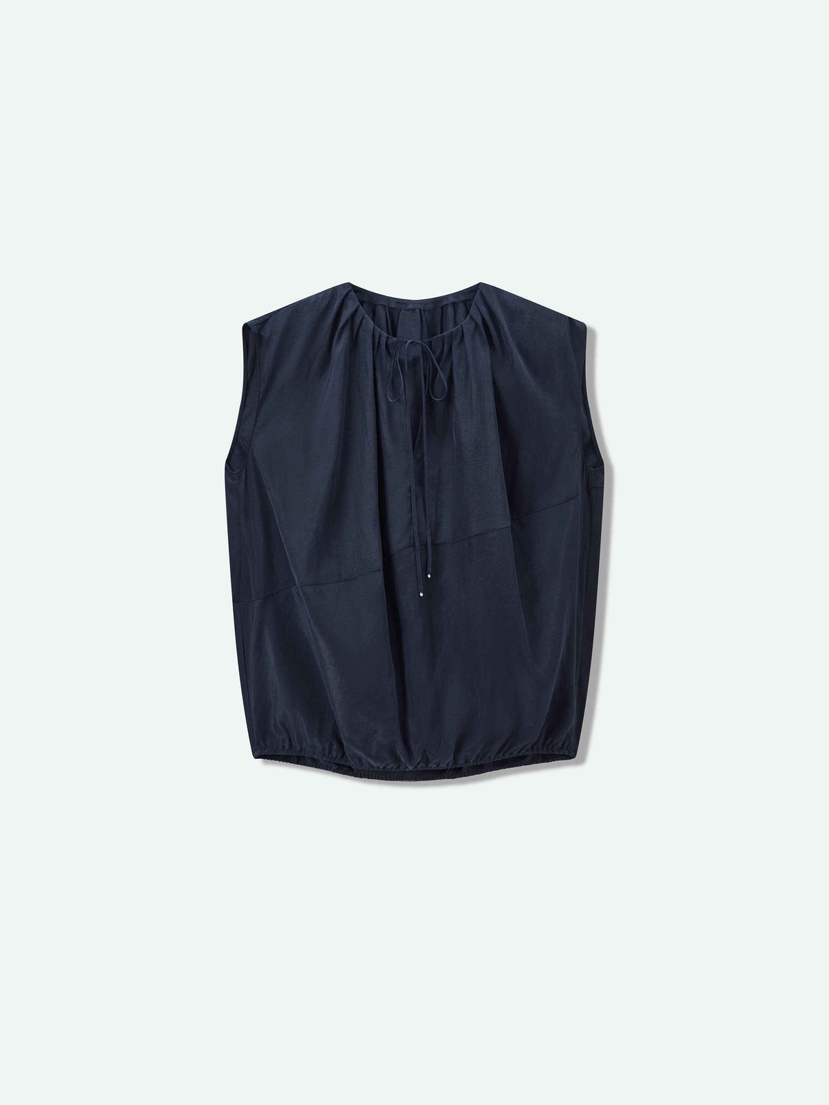 Navy Blue Tencel Snow-Washed Drawstring Cocoon Sleeveless Top
