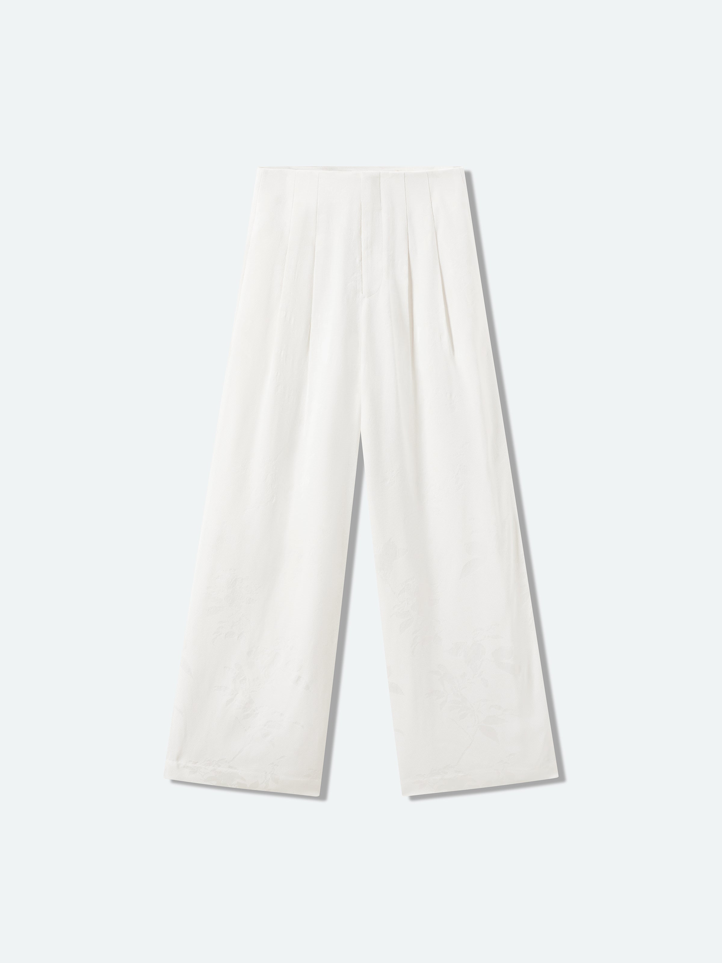 Cream White Rayon Jacquard High-Waist Wide-Leg Trousers