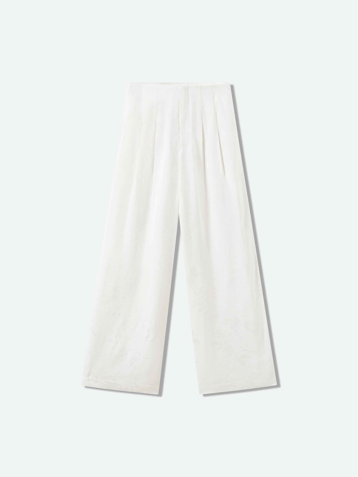 Cream White Rayon Jacquard High-Waist Wide-Leg Trousers