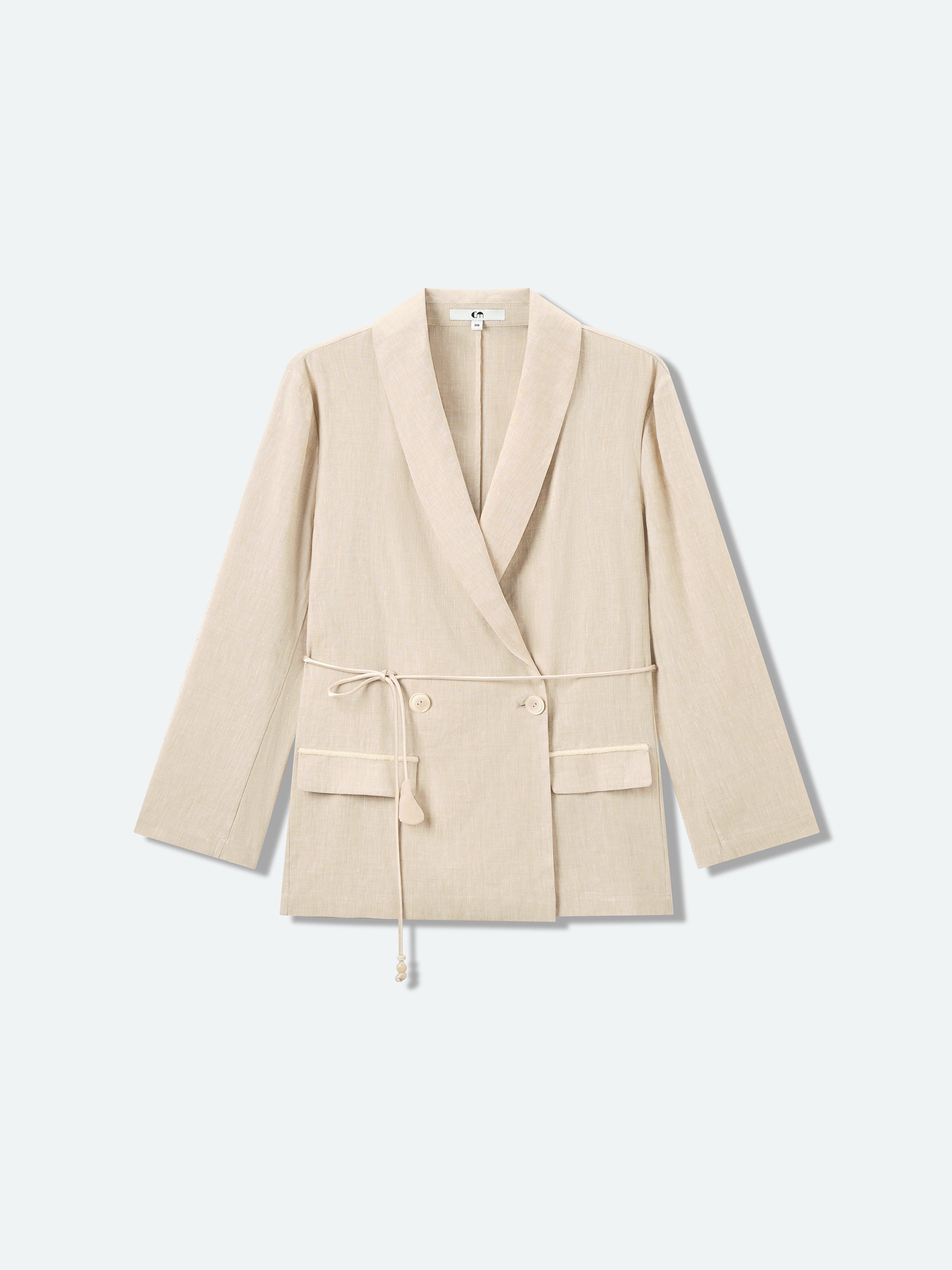 Oatmeal Linen Blend Shawl Collar Drawstring Straight Blazer